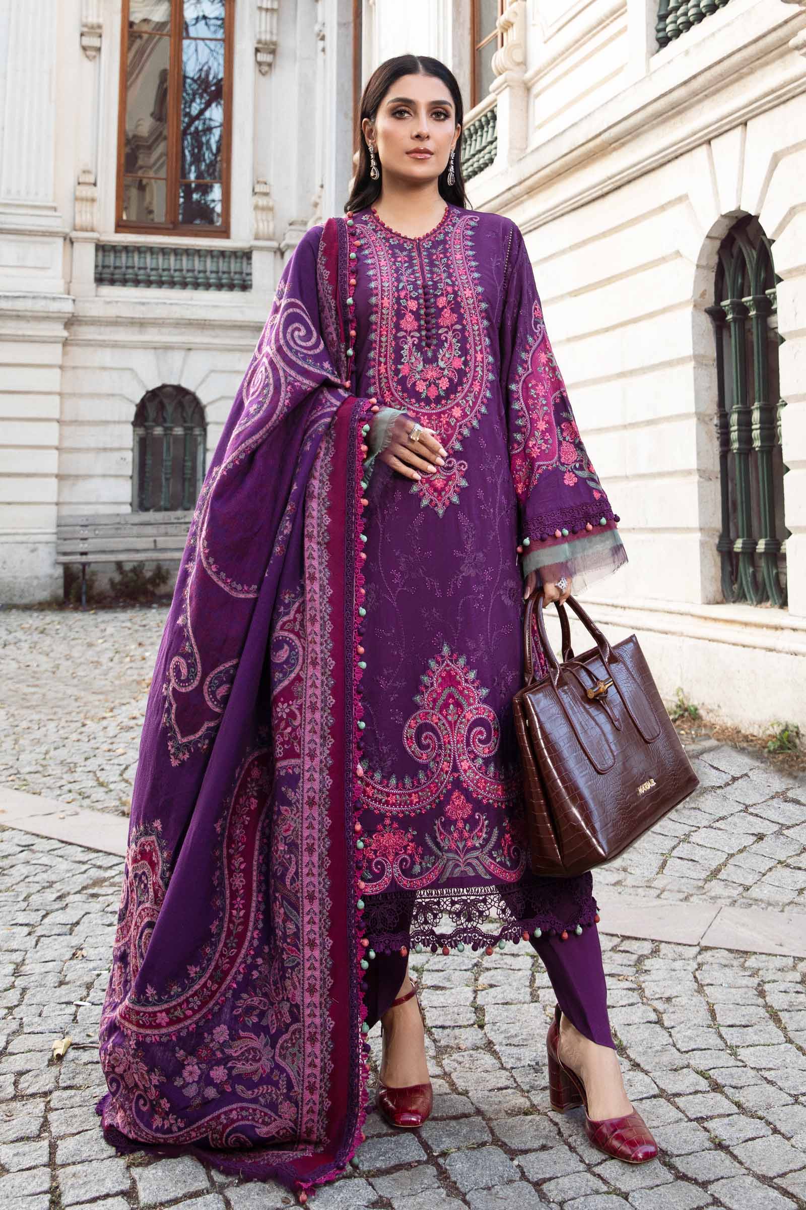 maria b purple dress fitted lace wedding dress Maria B Purple Pure Lawn Print Embroidery Chikankari Digital Chiffon Duptta SC 1182