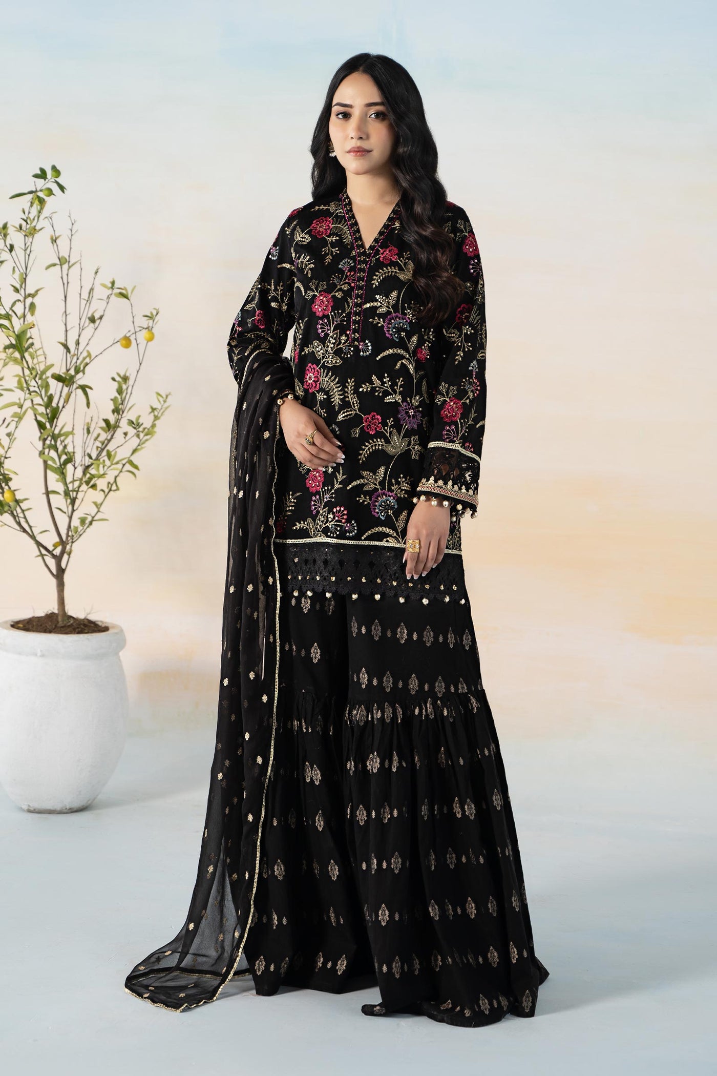 3 PIECE EMBROIDERED SELF JACQUARD SUIT | DW-EF24-03