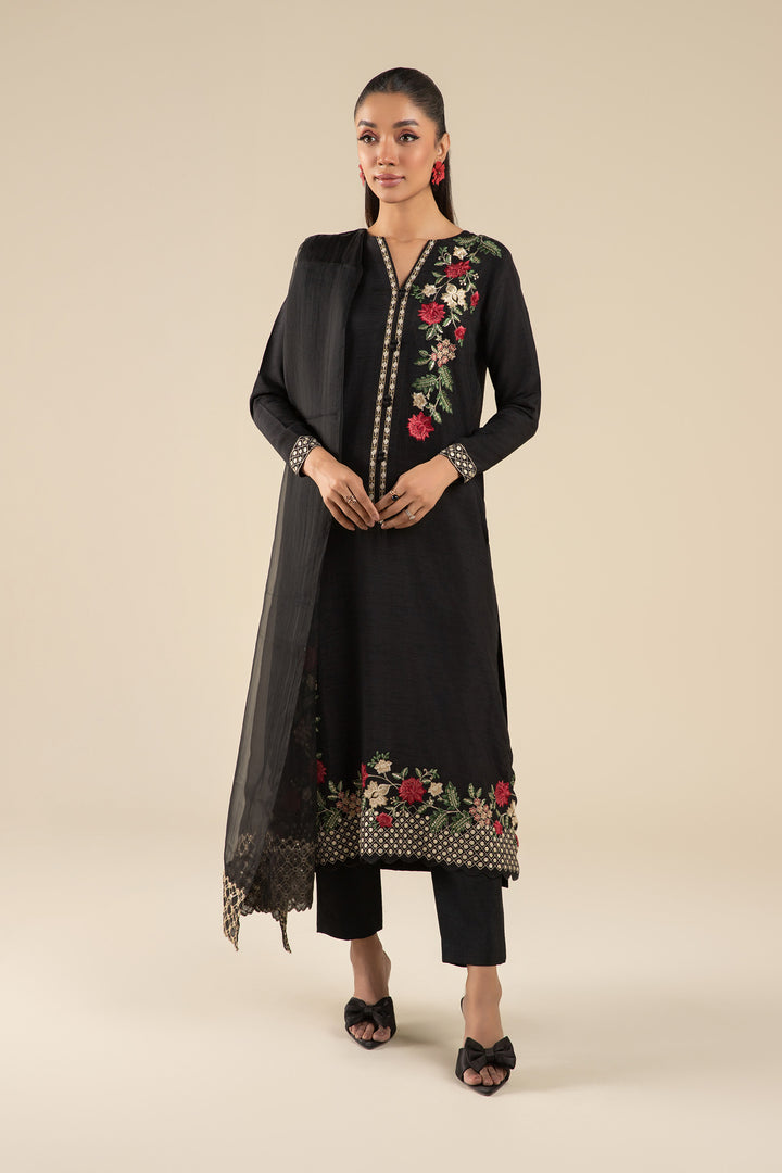 2 Pc Embroidered Raw Silk Suit  MBFS026-ESM-BLK