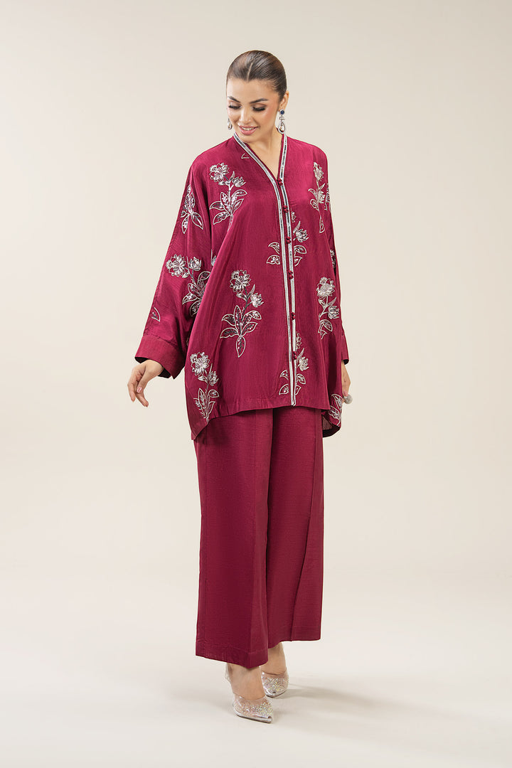 2 Pc Embroidered Bamberg Raw Silk Suit  MBFS047-ESM-MRN