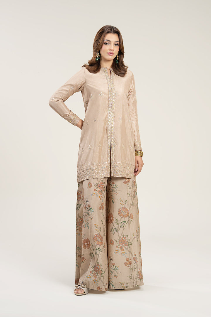 2 Pc Embroidered Bamberg Raw Silk Suit  MBFS049-ESM-BEG