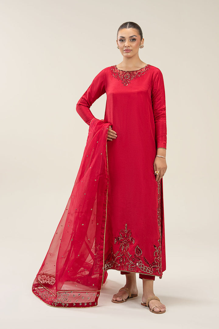 2 Pc Embroidered Bamberg Raw Silk Suit  MBFS050-ESM-RED
