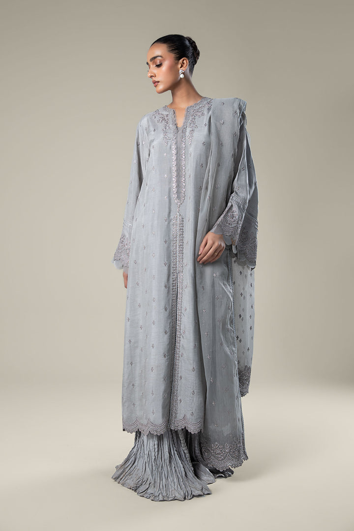 2 Pc Embroidered Raw Silk Suit  MBWF010-ESM-GRY