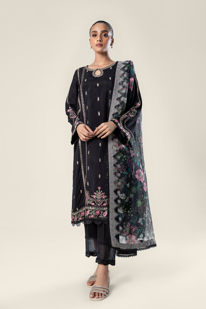 2 Pc Embroidered Raw Silk Suit  MBWF032-ESM-BLK