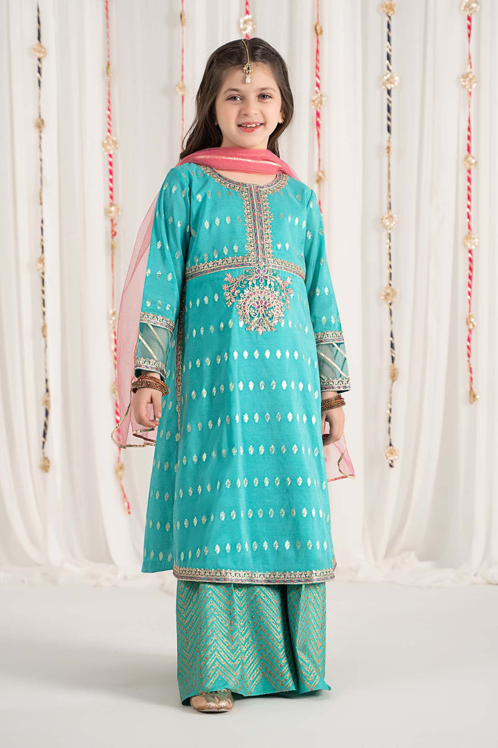 3 Piece Embroidered Raw Silk Suit All Products MSF2530-023-BLU