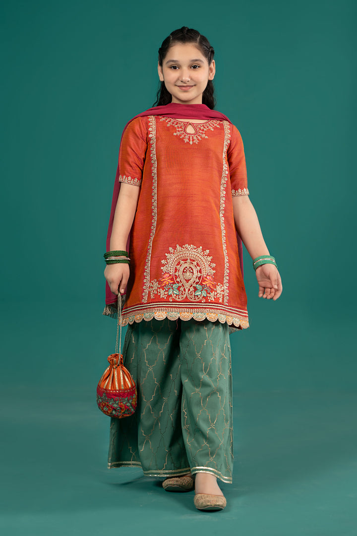 3 Piece Embroidered Raw Silk Suit All Products MSF2545-023-ORG
