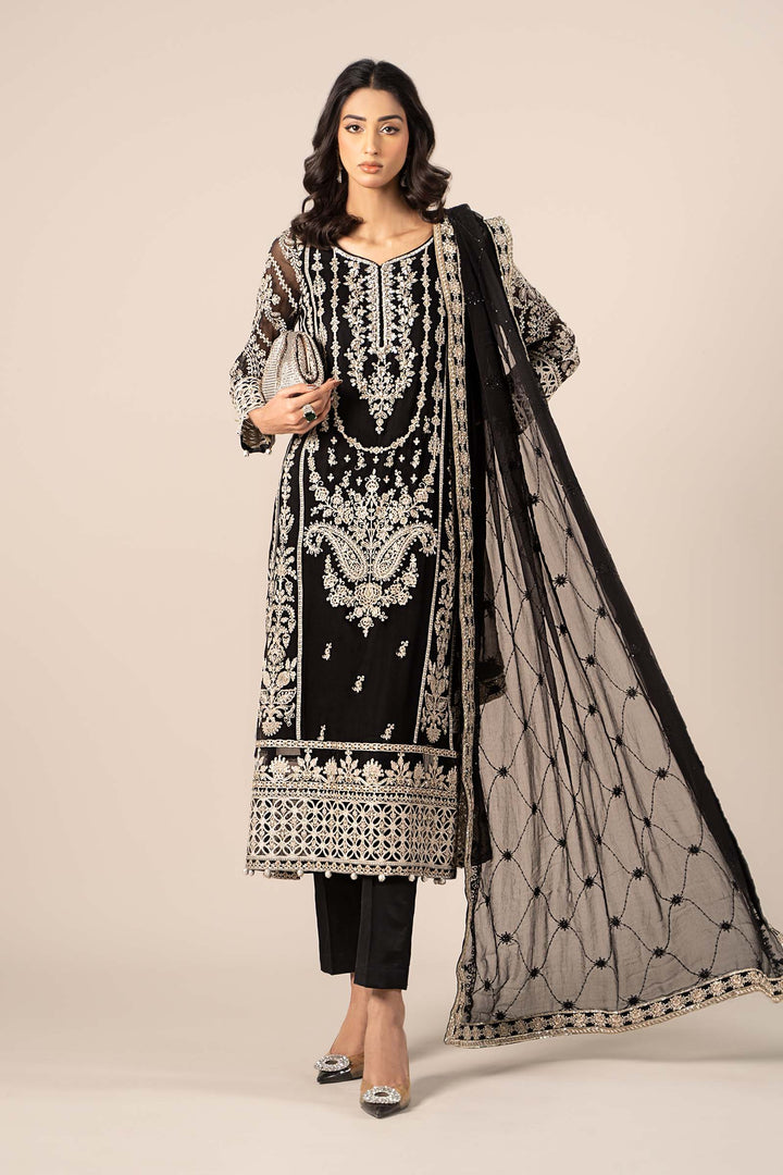 3 Piece Embroidered Chiffon Suit All Products SFF2520-ESM-BLK