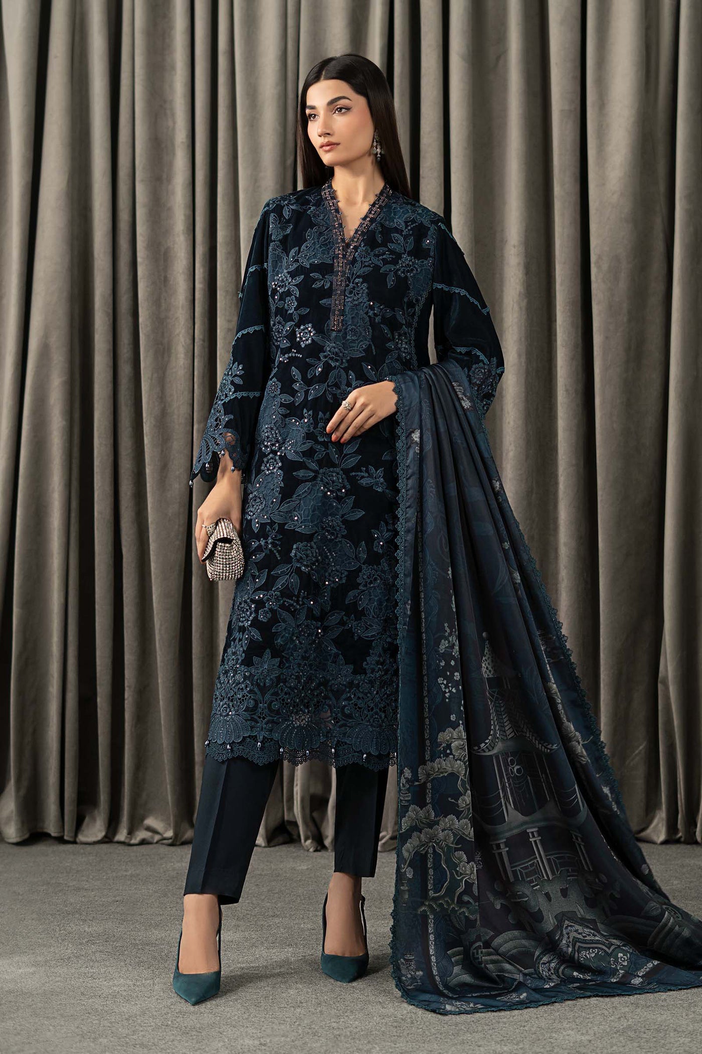 3 Piece Embroidered Velvet Suit