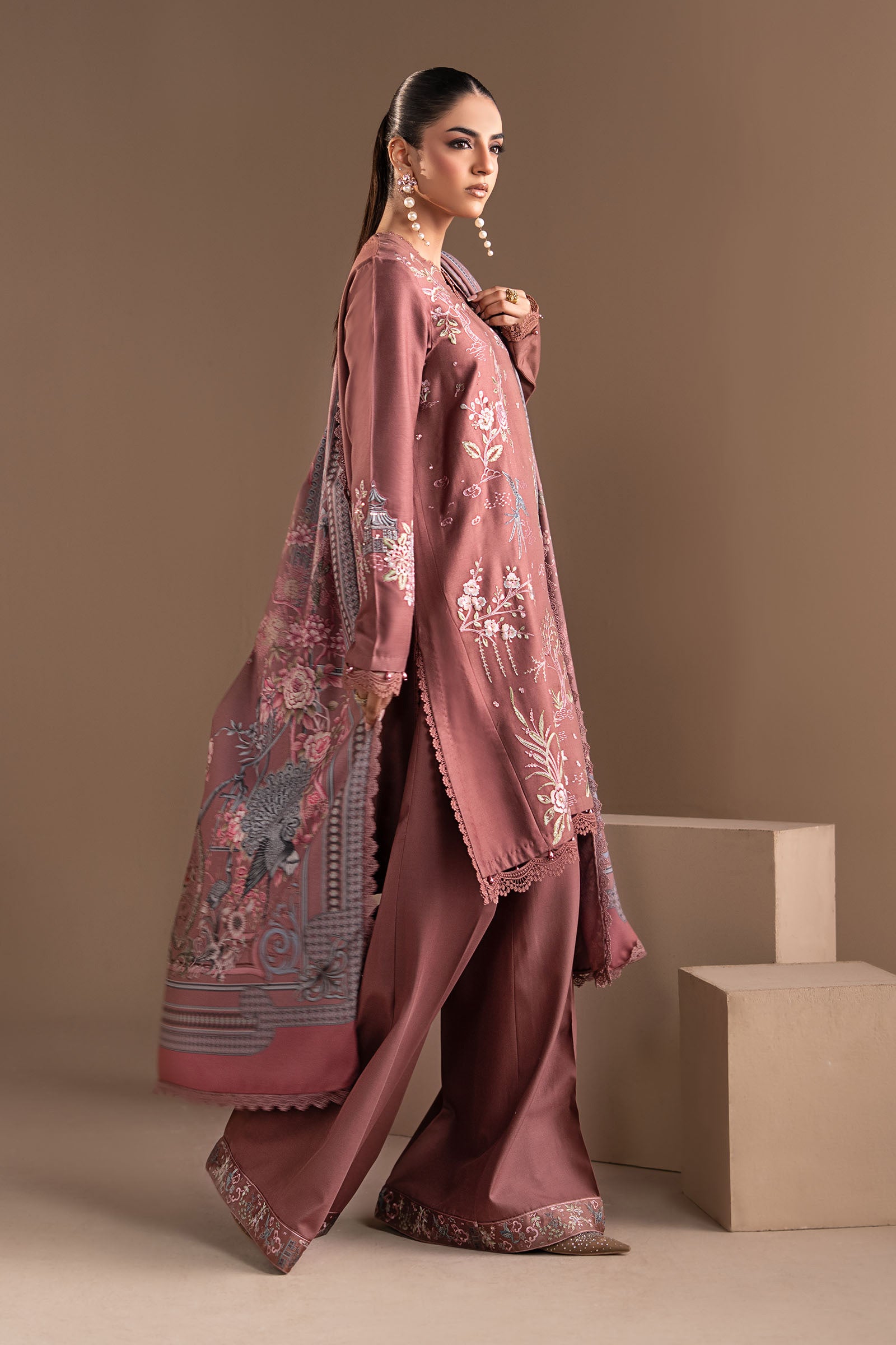 3 Piece Embroidered Twill Linen Suit