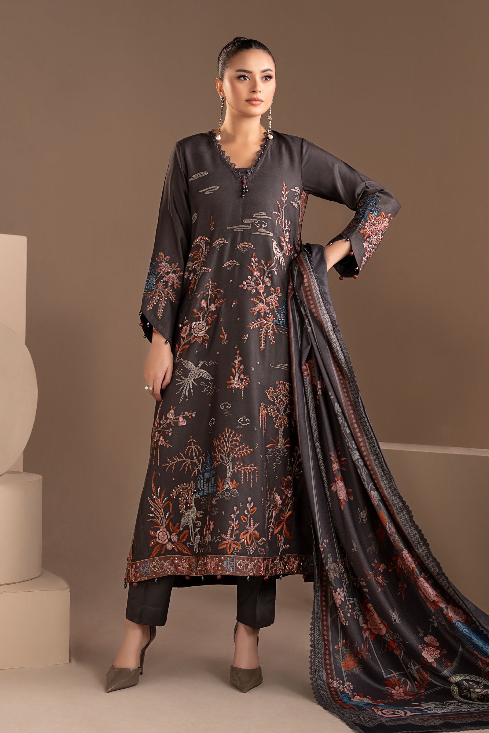 3 Piece Embroidered Twill Linen Suit