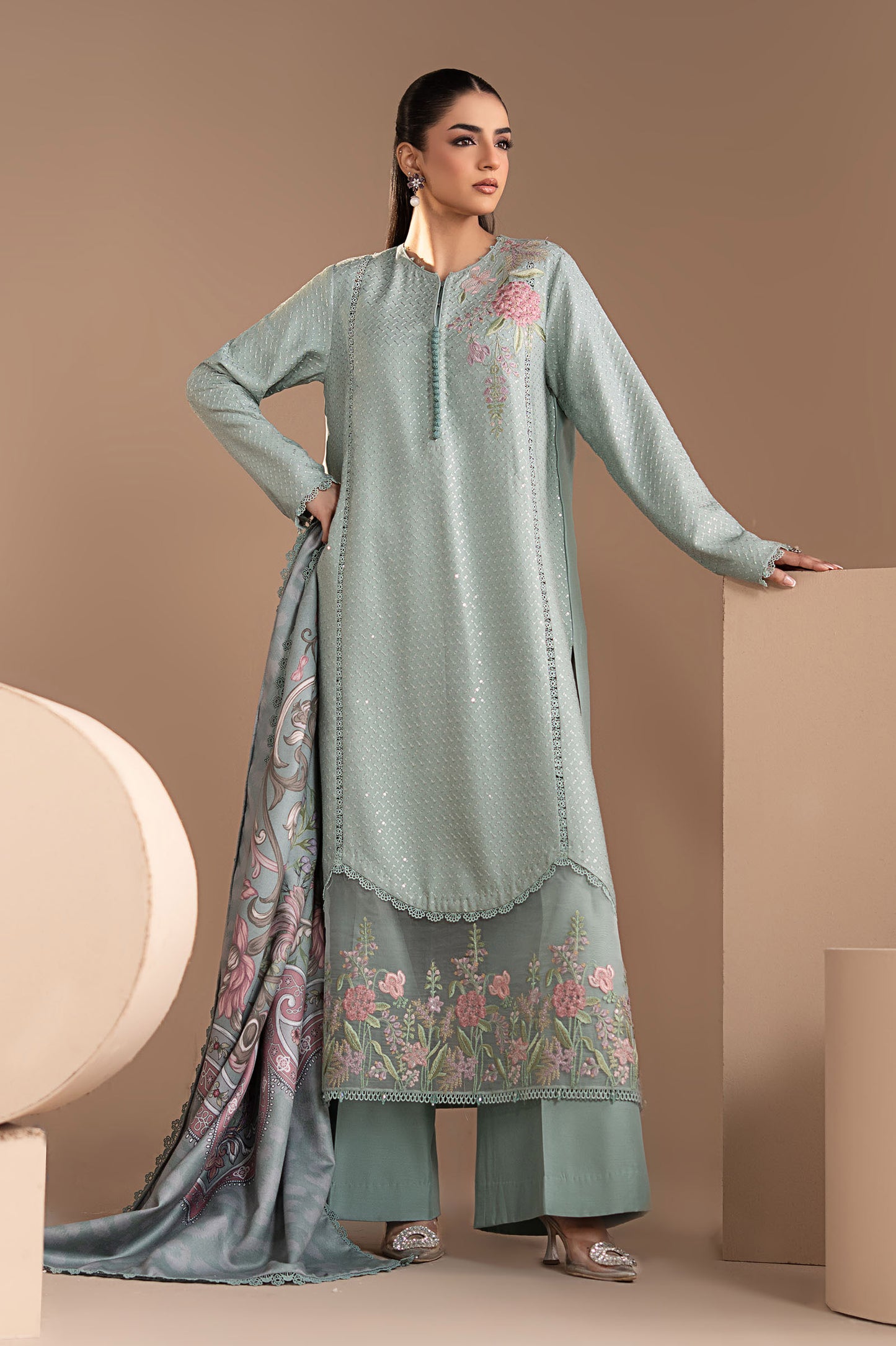 3 Piece Embroidered Twill Linen Suit