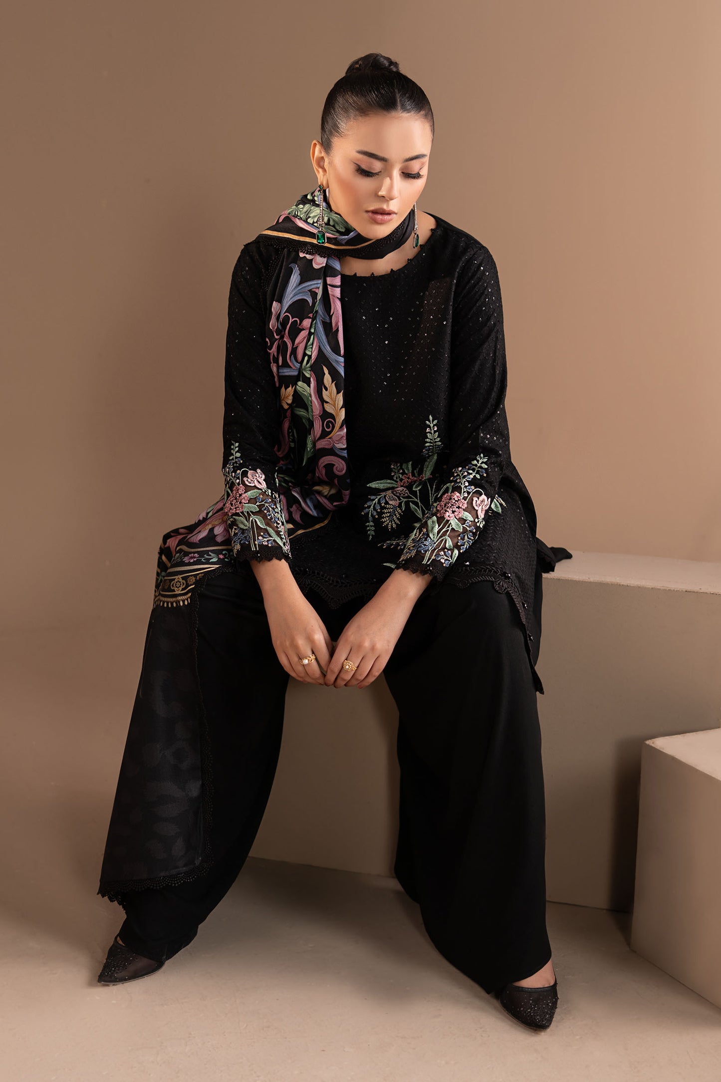 3 Piece Embroidered Twill Linen Suit