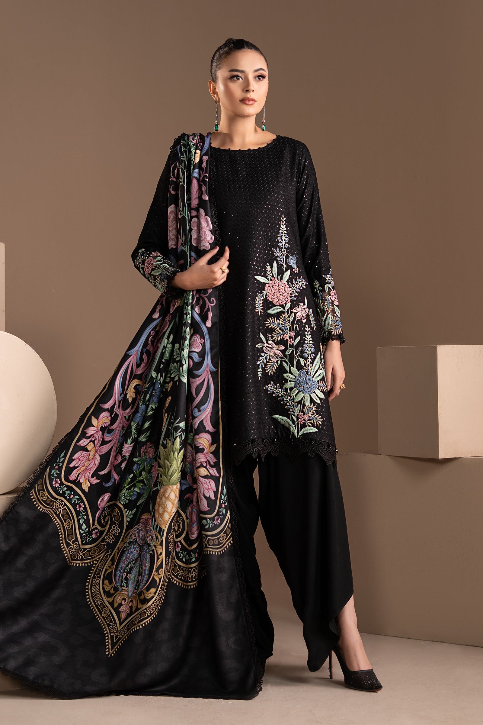 3 Piece Embroidered Twill Linen Suit