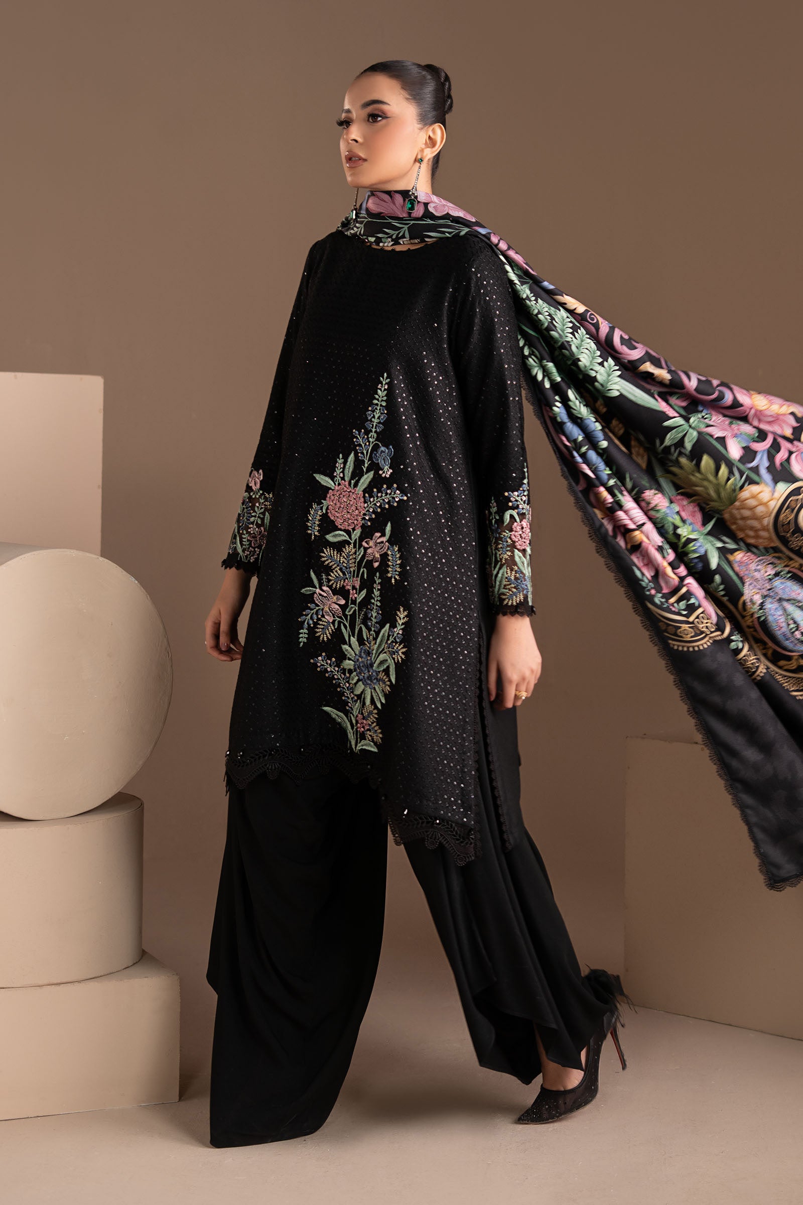 3 Piece Embroidered Twill Linen Suit