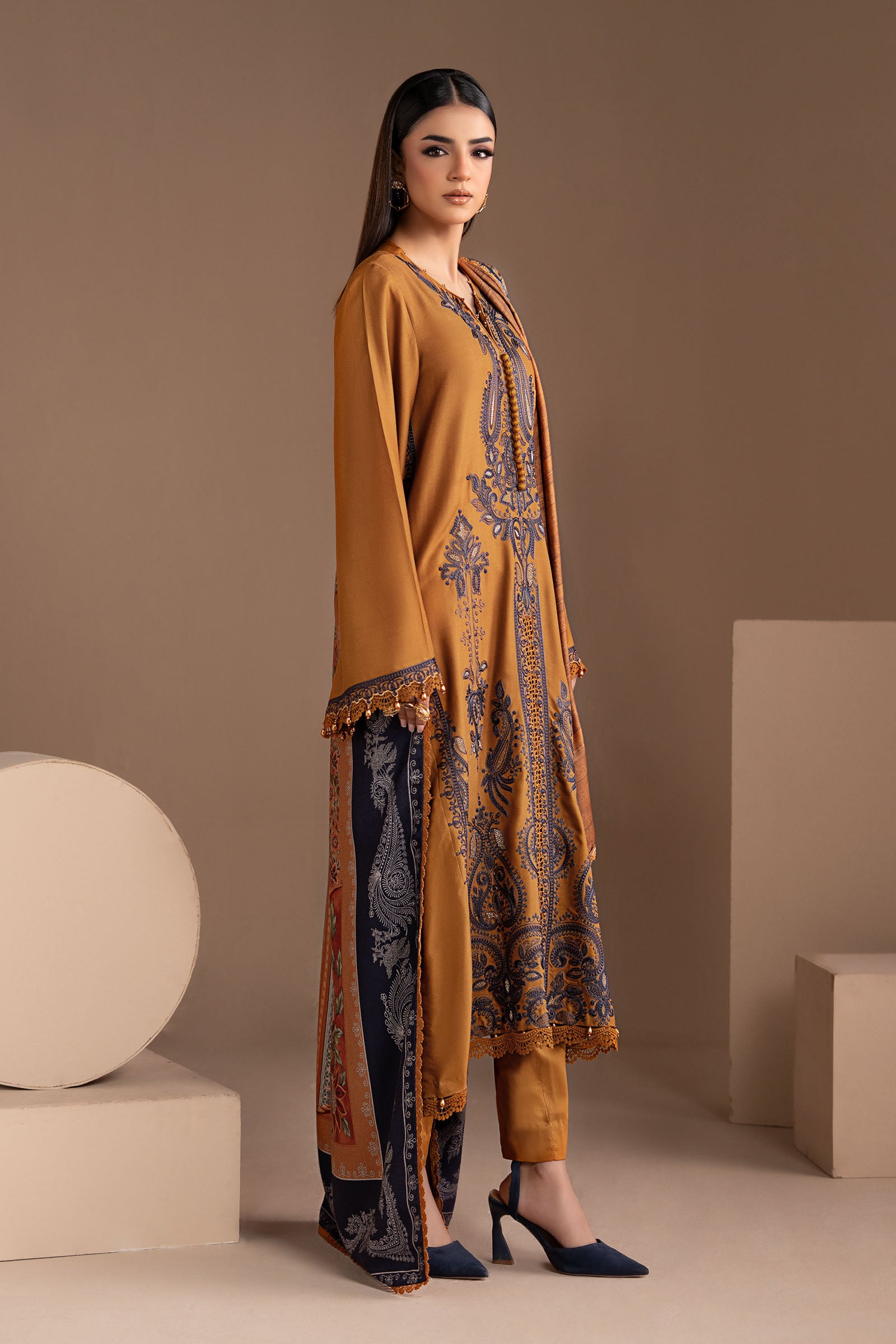 3 Piece Embroidered Twill Linen Suit