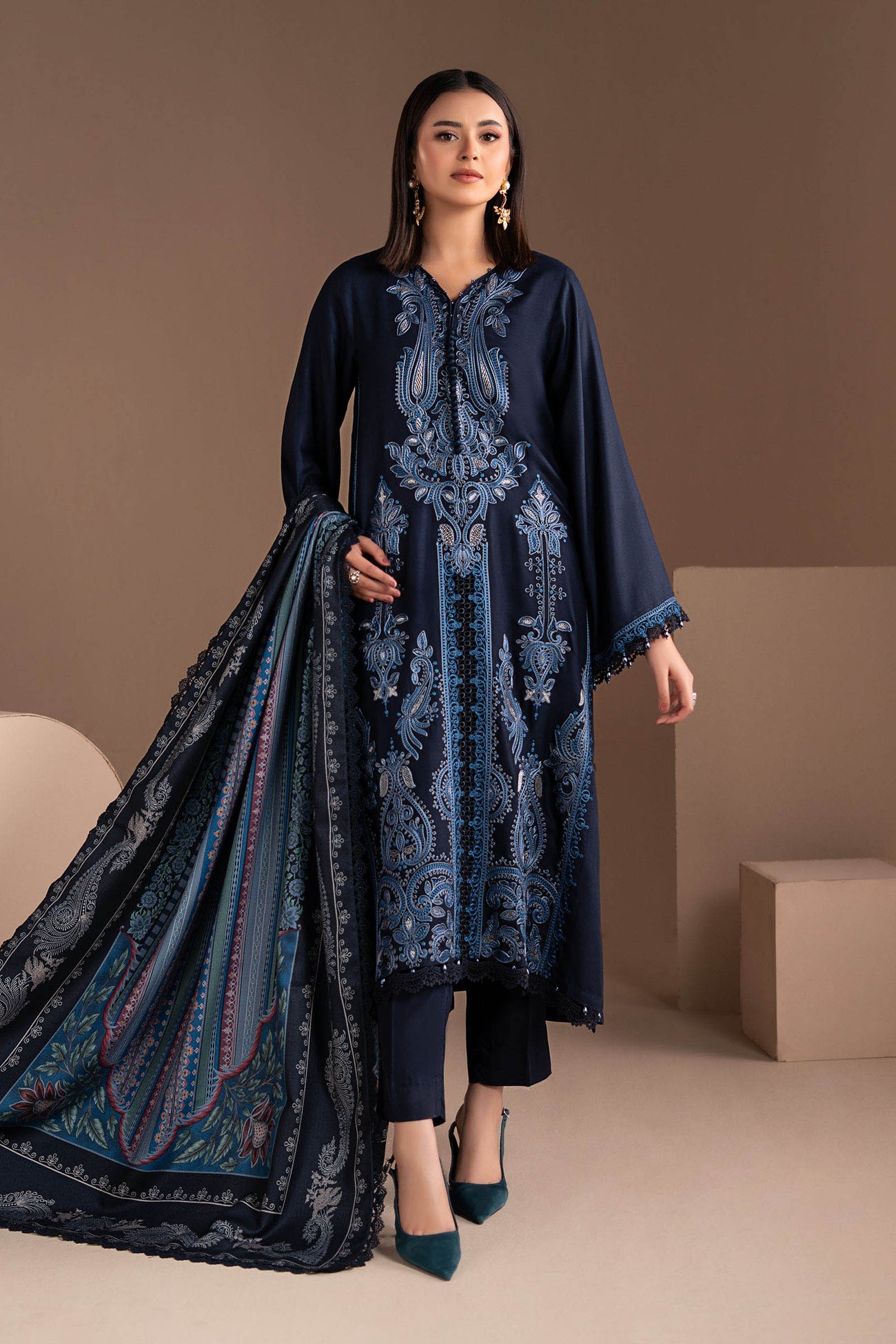 3 Piece Embroidered Twill Linen Suit