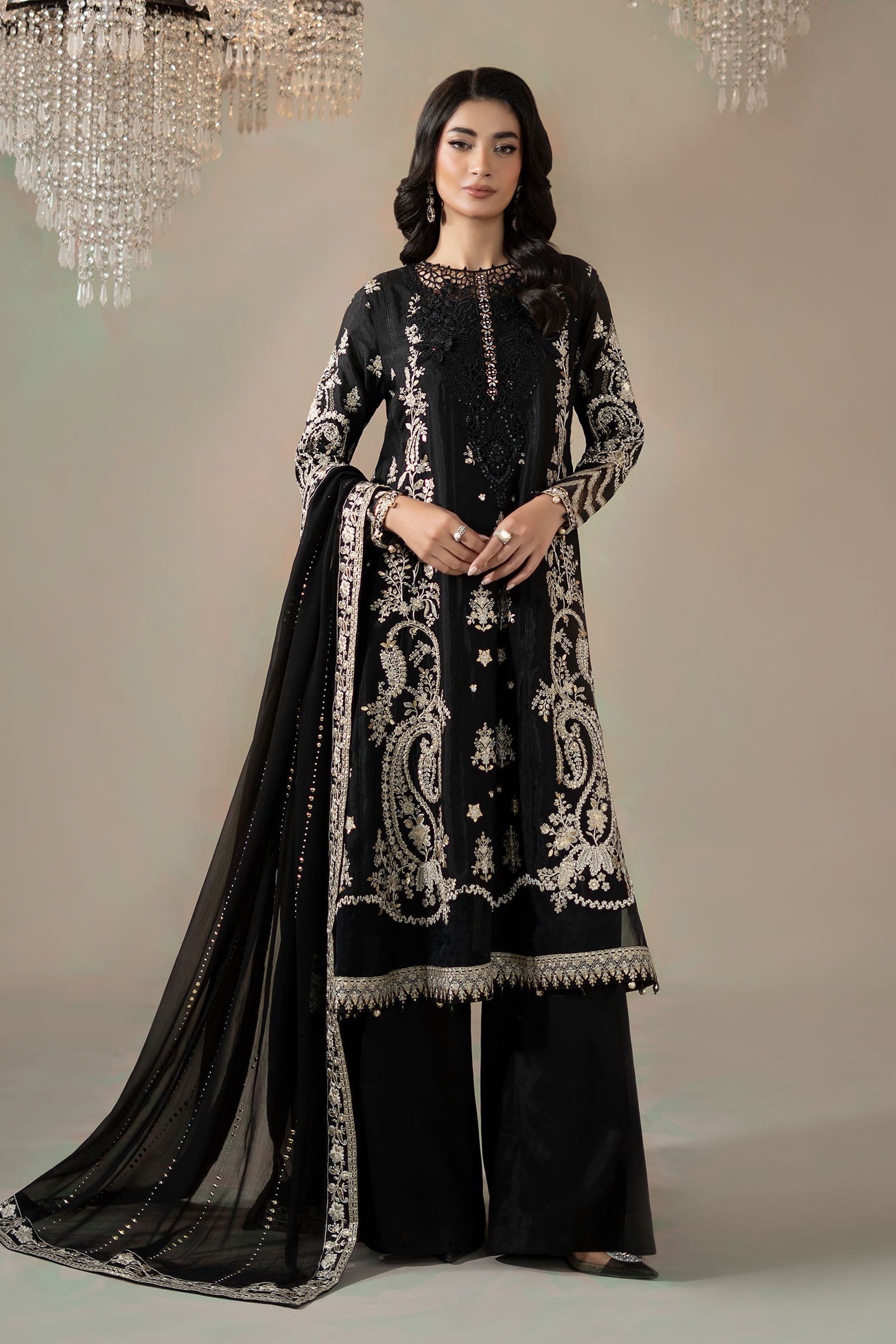 3 Piece Embroidered Raw Silk Suit