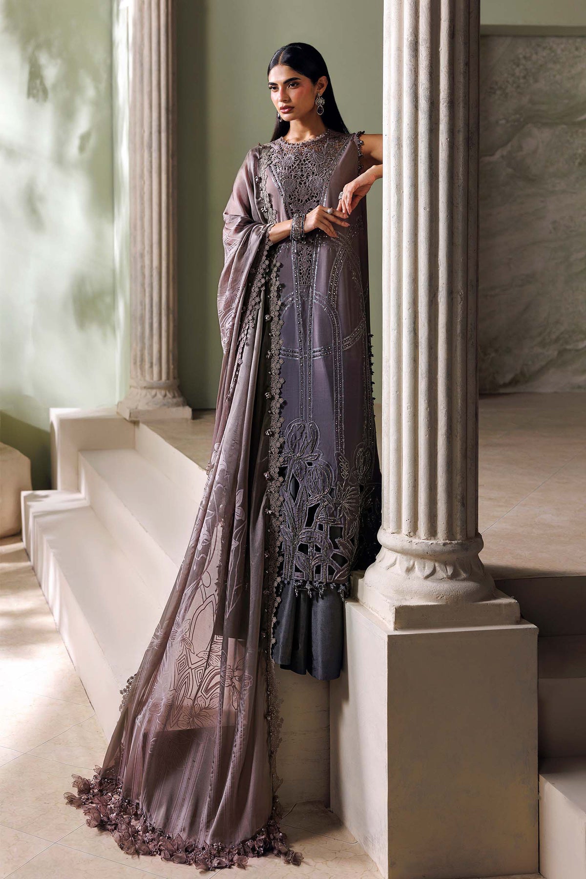 3 Piece Unstitched Embroidered Bell Raw Silk Suit
