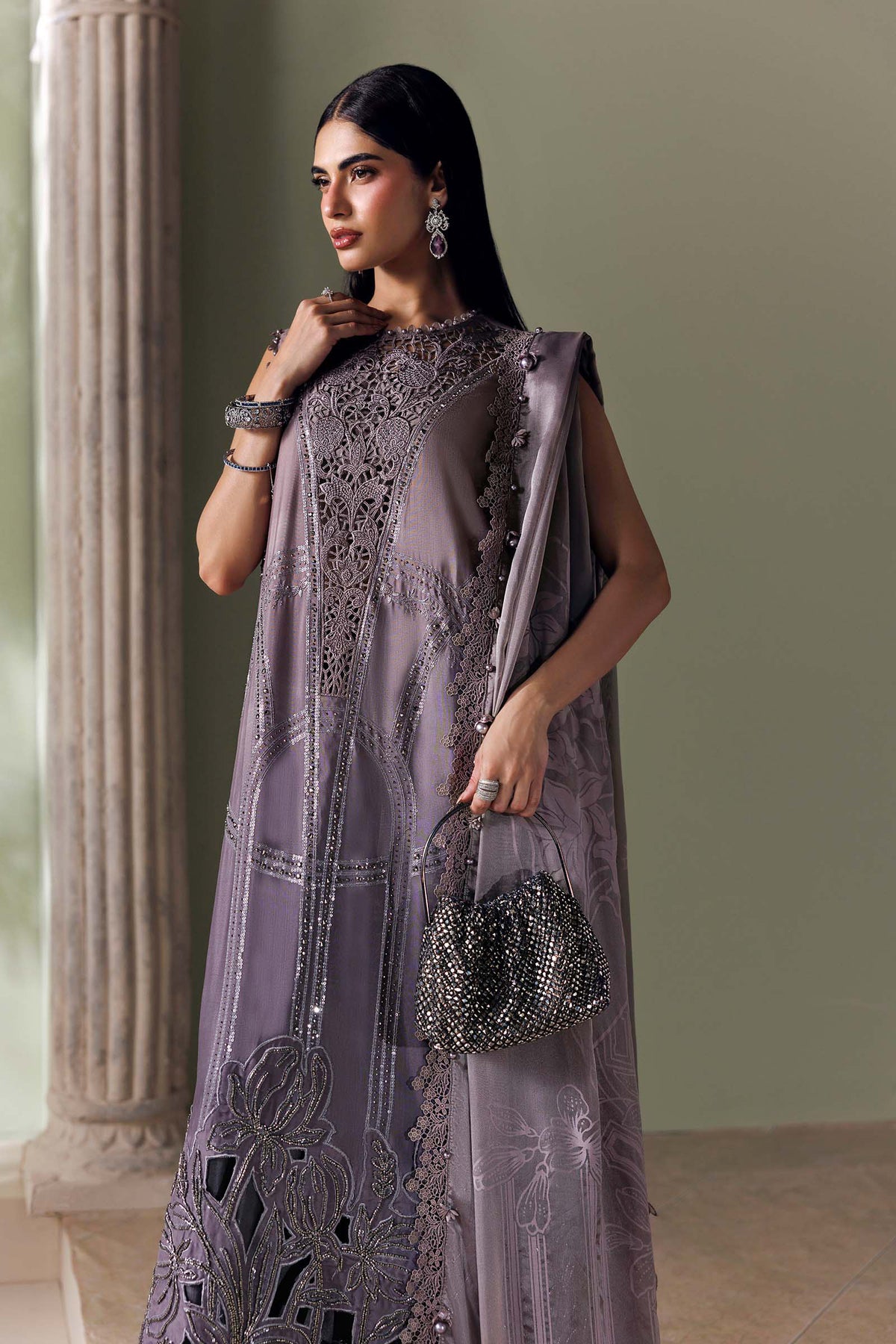 3 Piece Unstitched Embroidered Bell Raw Silk Suit