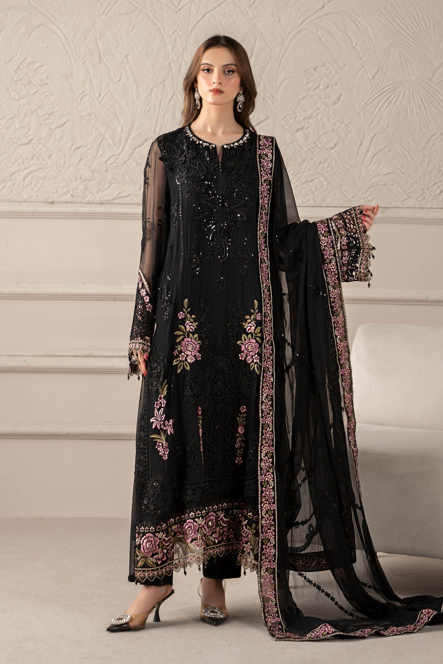 3 Piece Embroidered Chiffon Suit | MCS-25-104