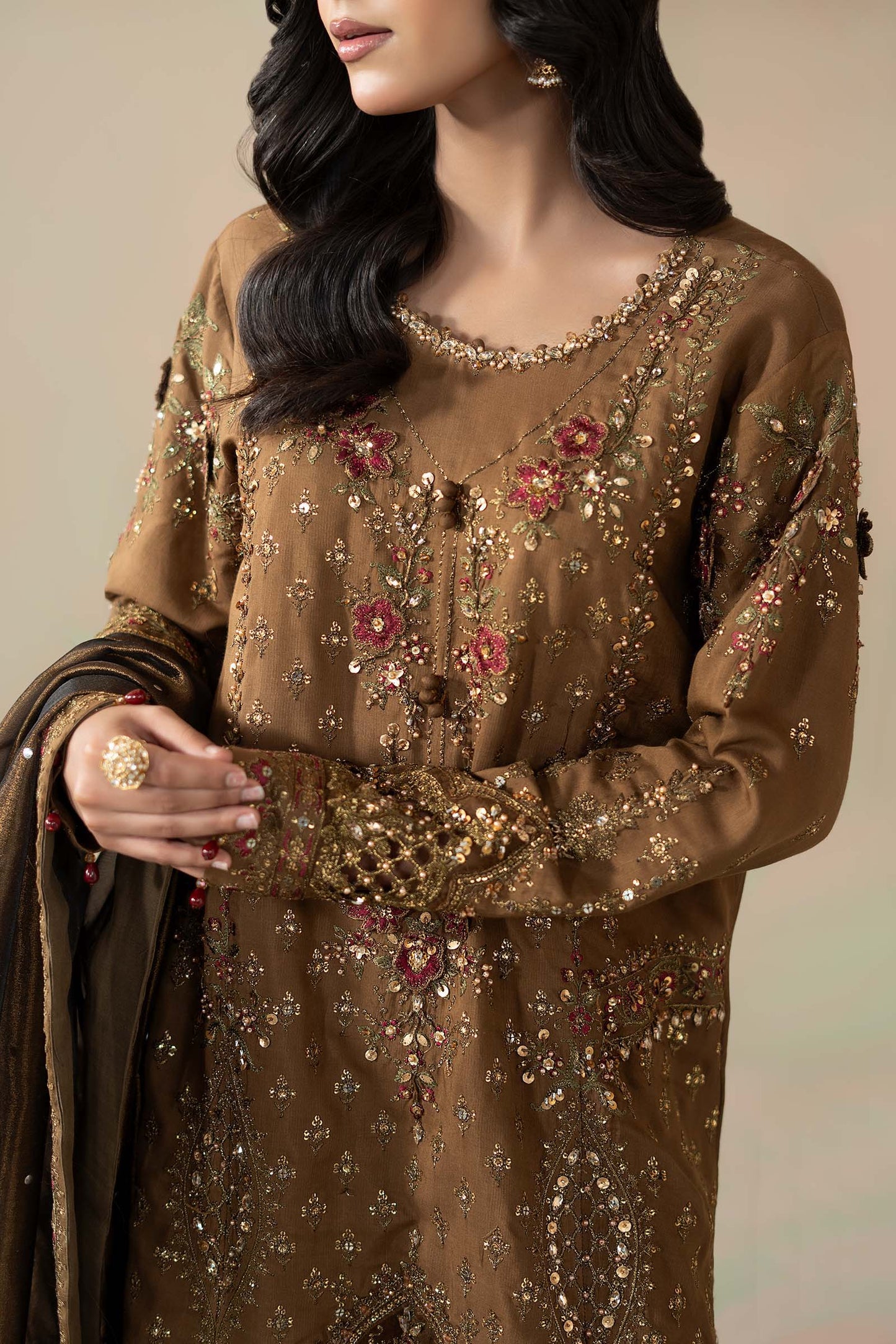3 Piece Embroidered Raw Silk Suit
