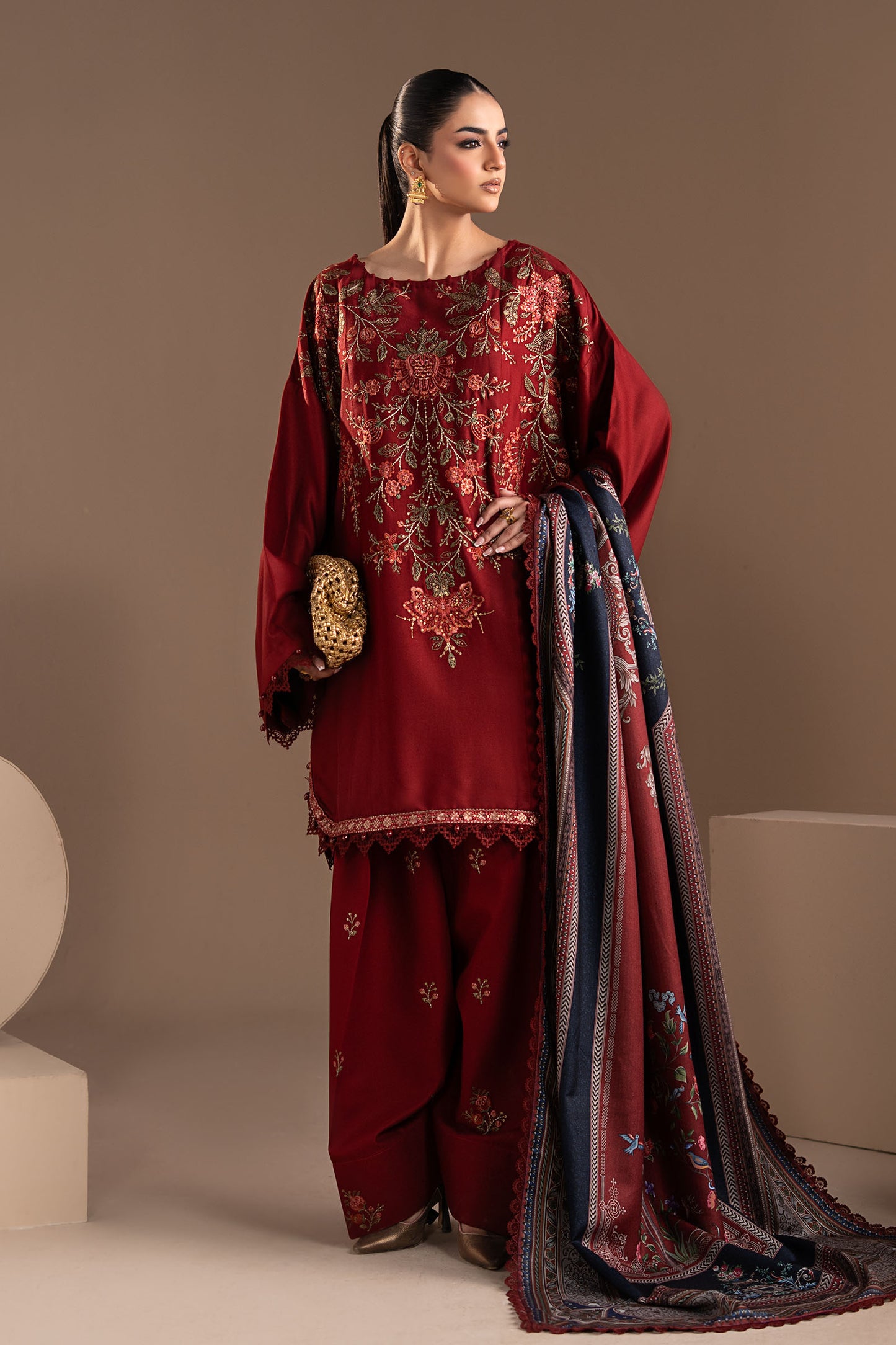 3 Piece Embroidered Twill Linen Suit