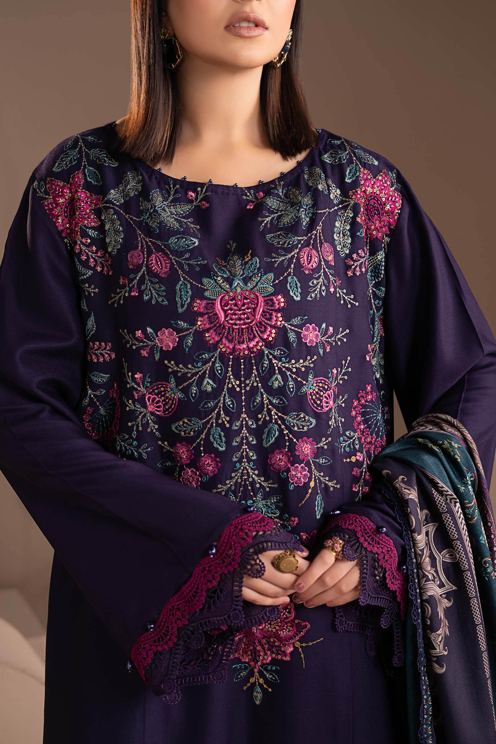 3 Piece Embroidered Twill Linen Suit