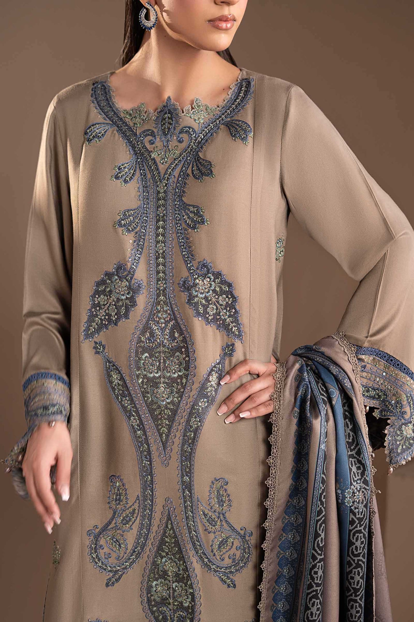 3 Piece Embroidered Twill Linen Suit