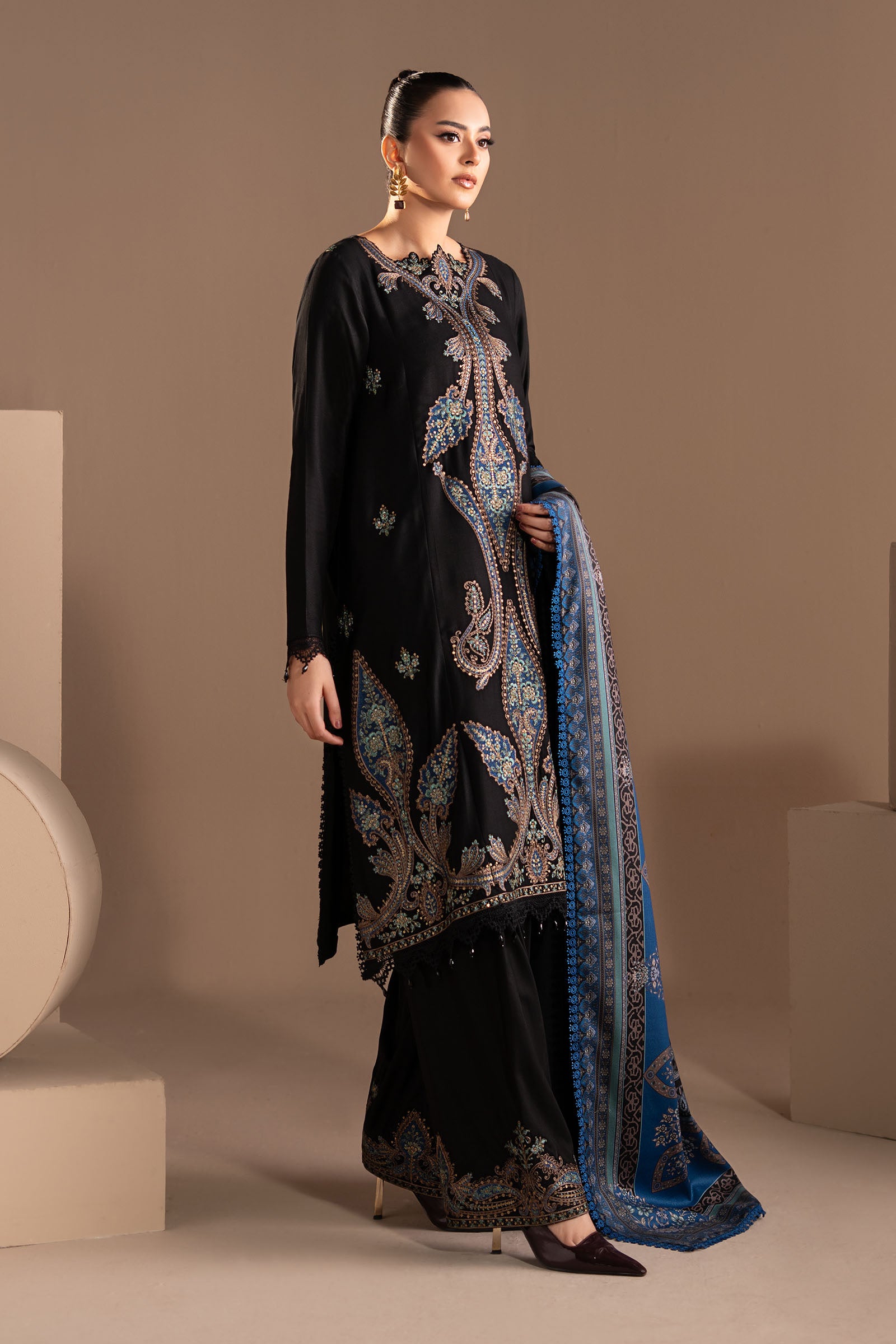 3 Piece Embroidered Twill Linen Suit