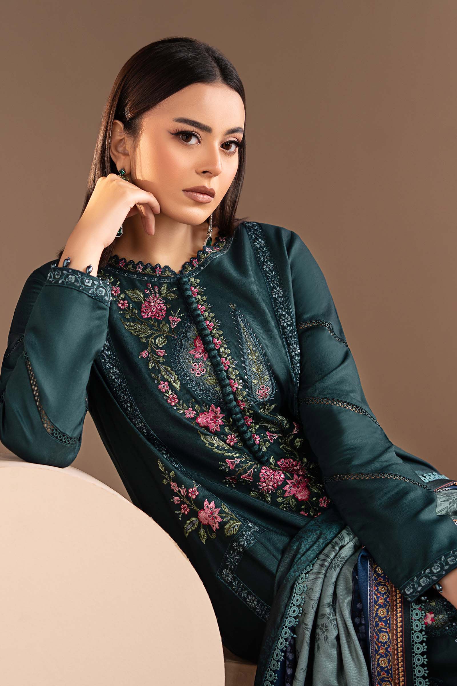 3 Piece Embroidered Twill Linen Suit