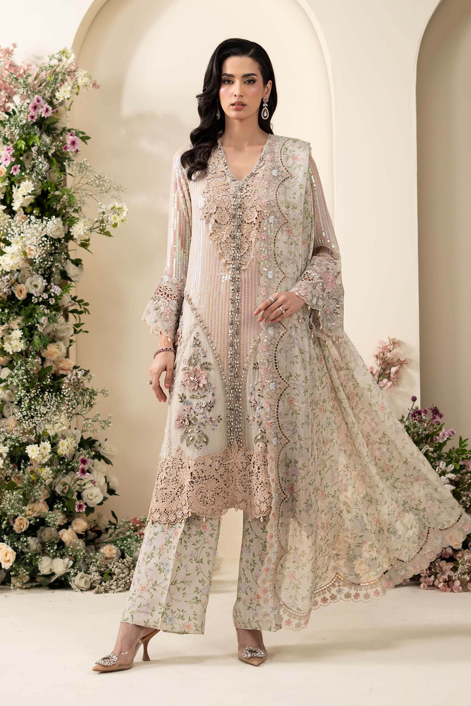 3 Piece Embroidered Chiffon Suit - Red - View 1
