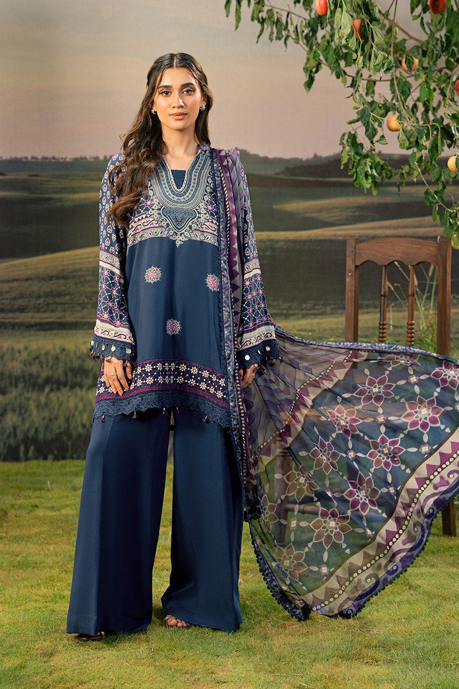 3 Pc Unstitched Embroidered Arabic Lawn Suit | MB-PFUS25-09B