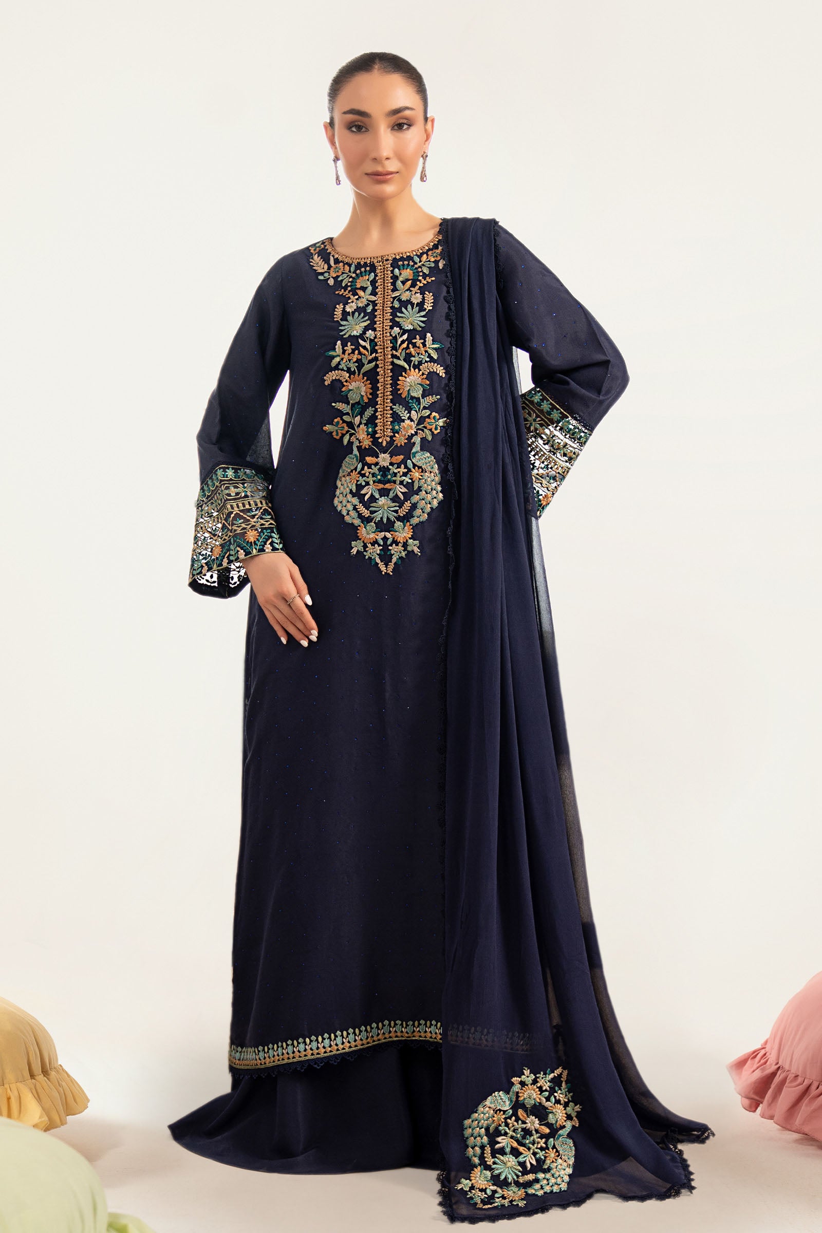 3 Piece Embroidered Raw Silk Suit