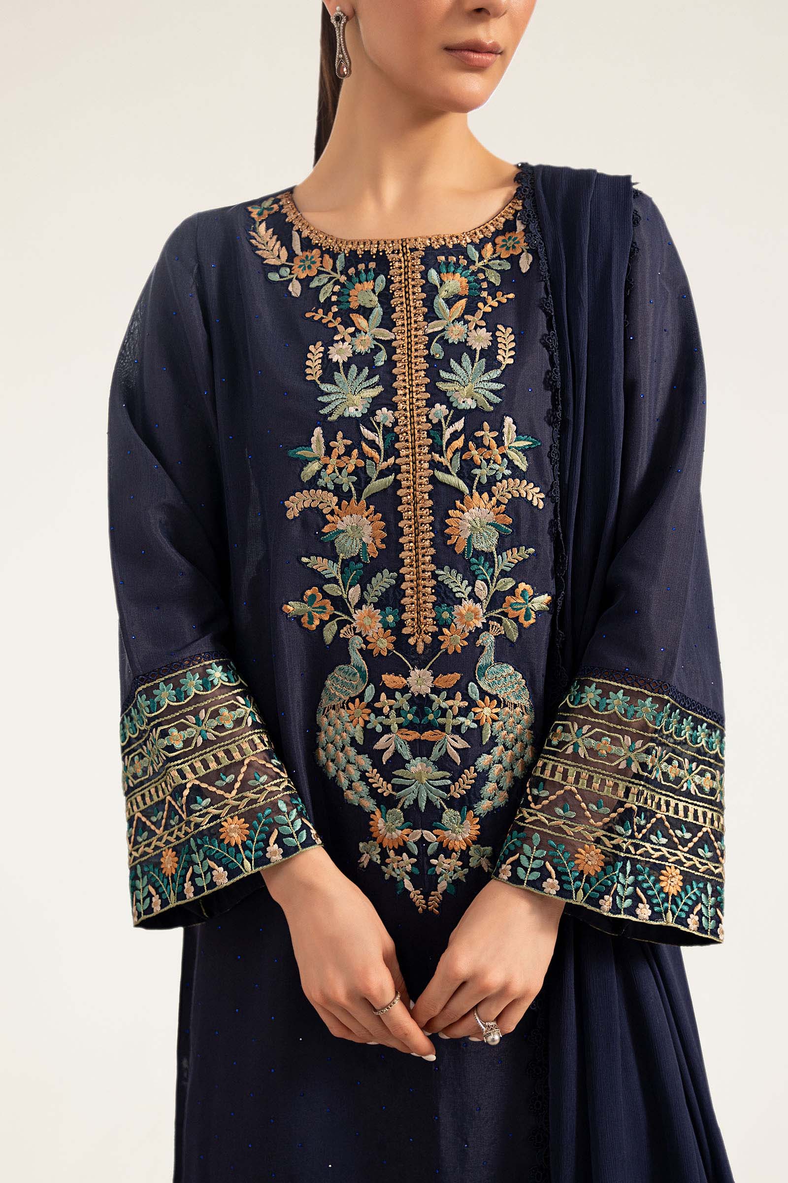 3 Piece Embroidered Raw Silk Suit