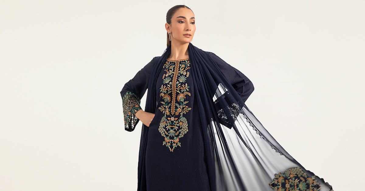 3 Piece Embroidered Raw Silk Suit