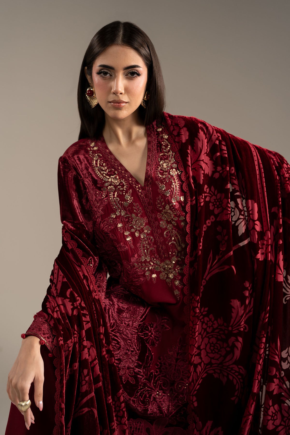 3 Piece Embroidered Velvet Suit