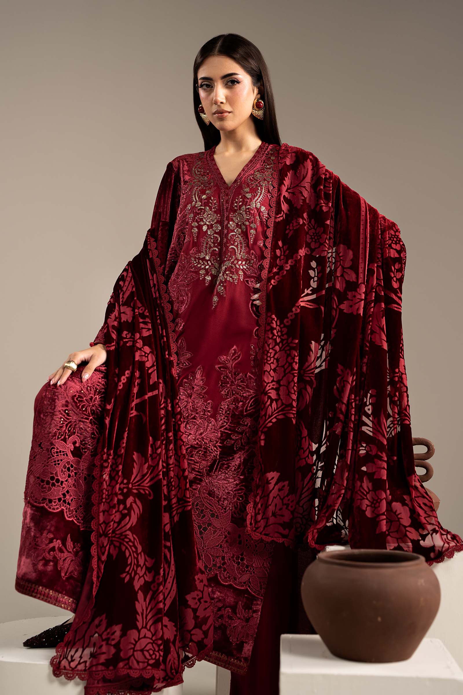 3 Piece Embroidered Velvet Suit