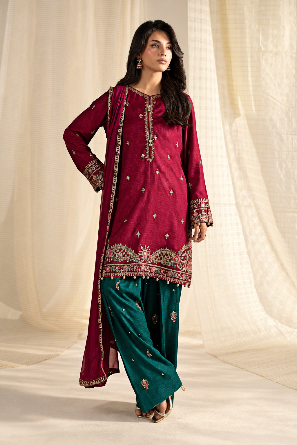 3 Piece Embroidered Dobby Linen Suit