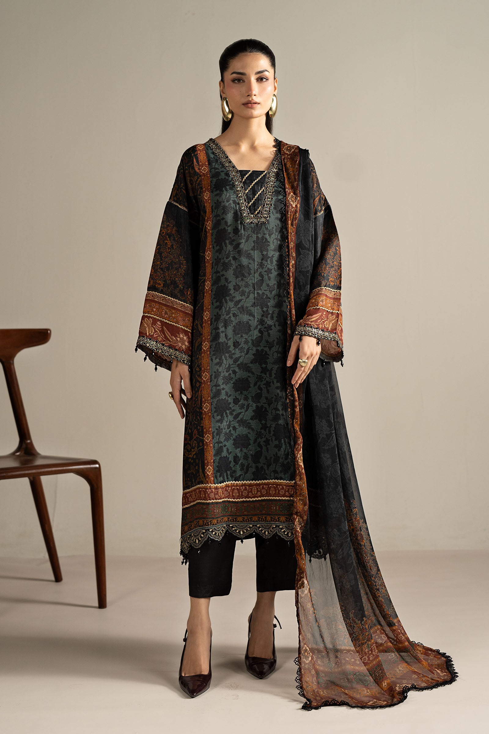 3 Piece Embroidered Raw Silk Suit