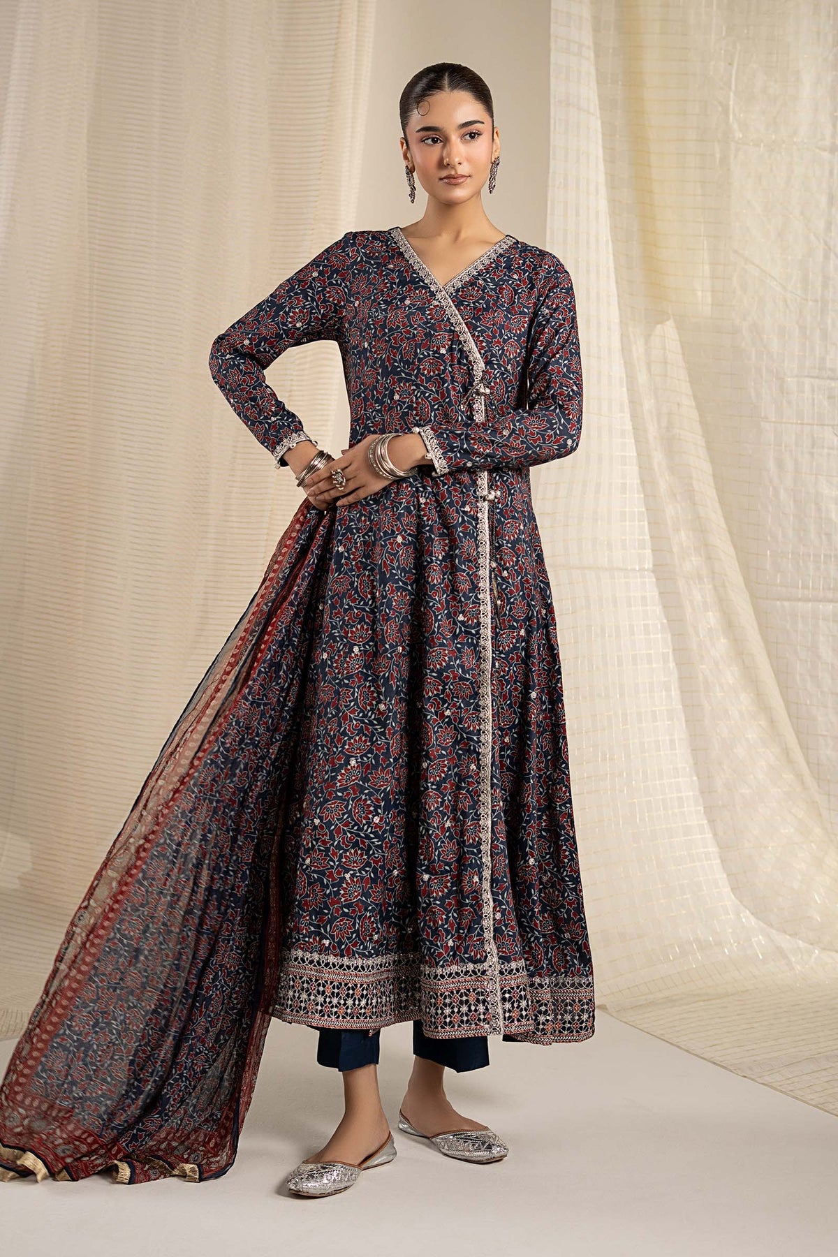 3 Piece Embroidered Raw Silk Suit