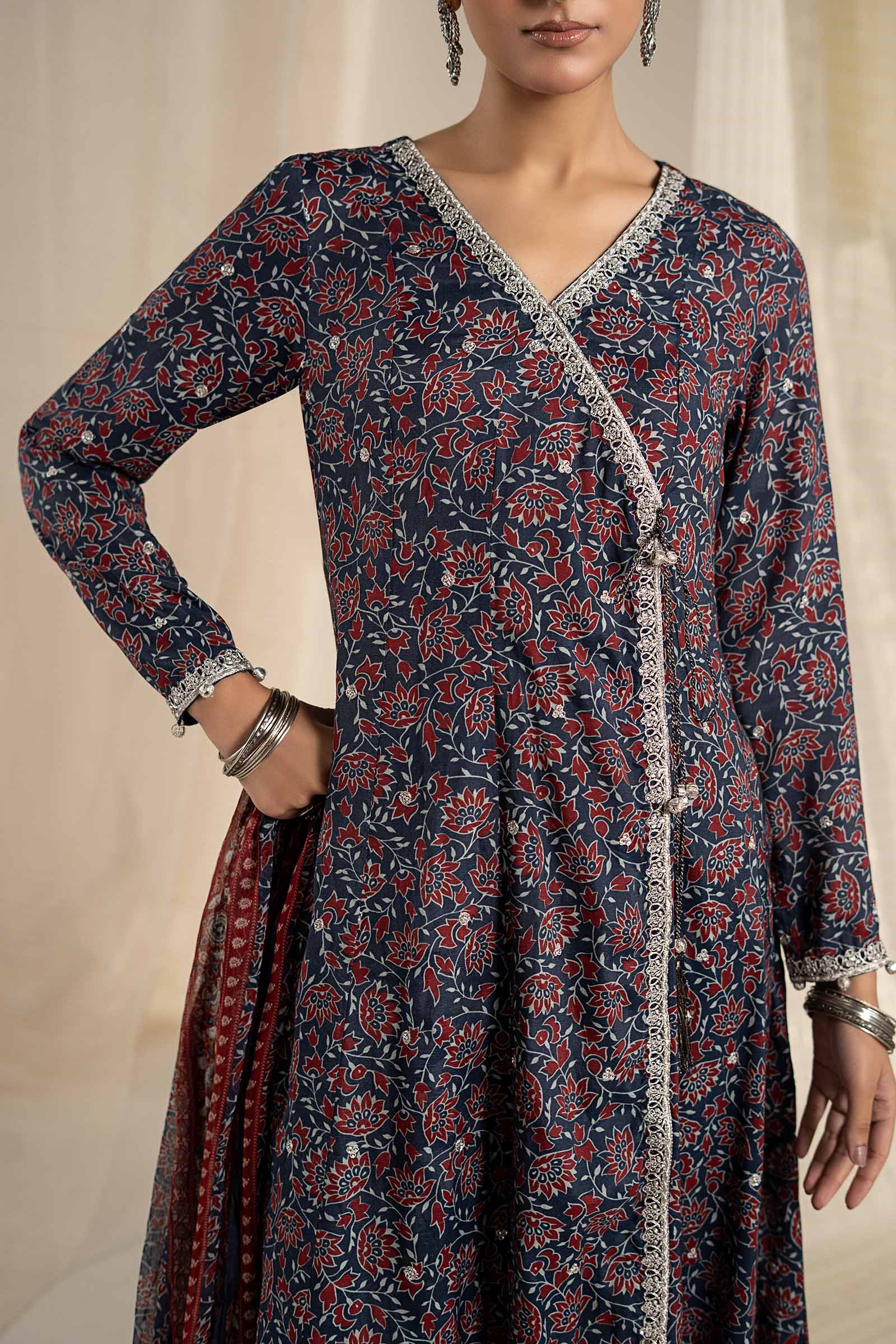 3 Piece Embroidered Raw Silk Suit