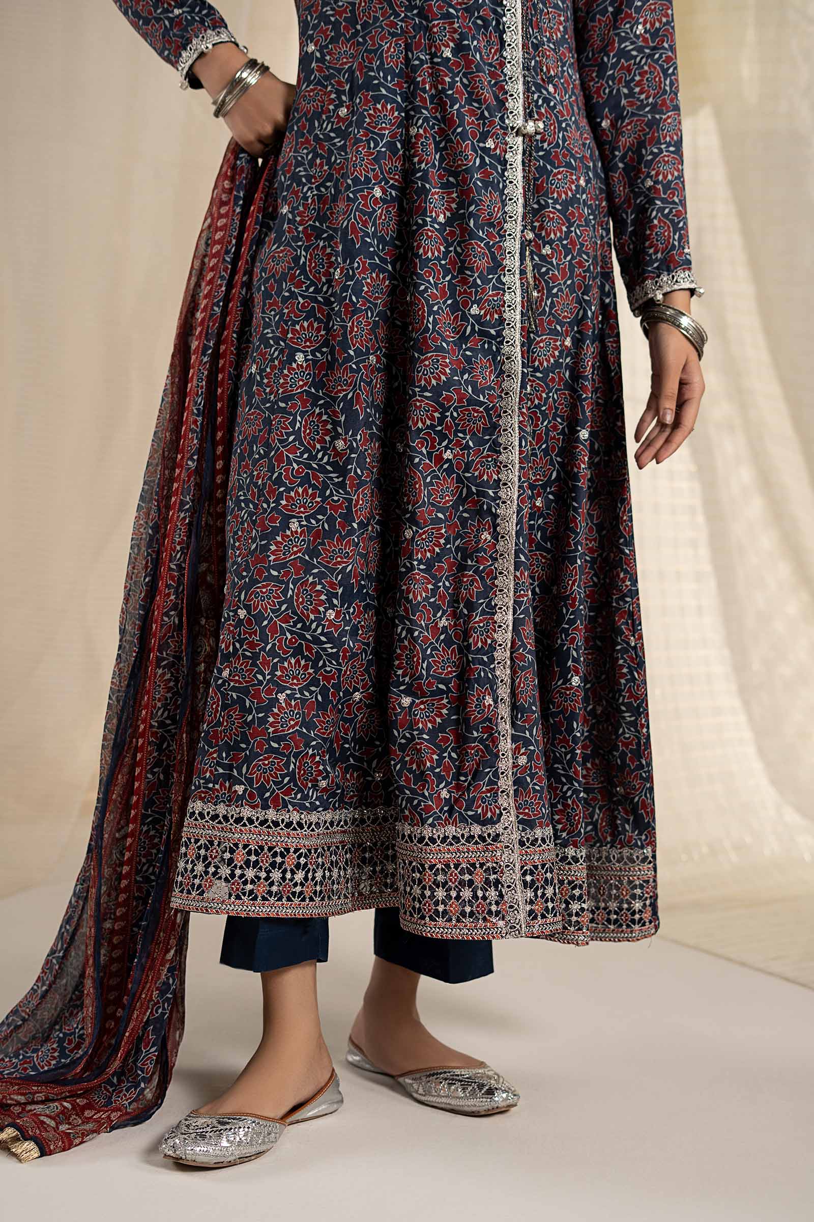 3 Piece Embroidered Raw Silk Suit