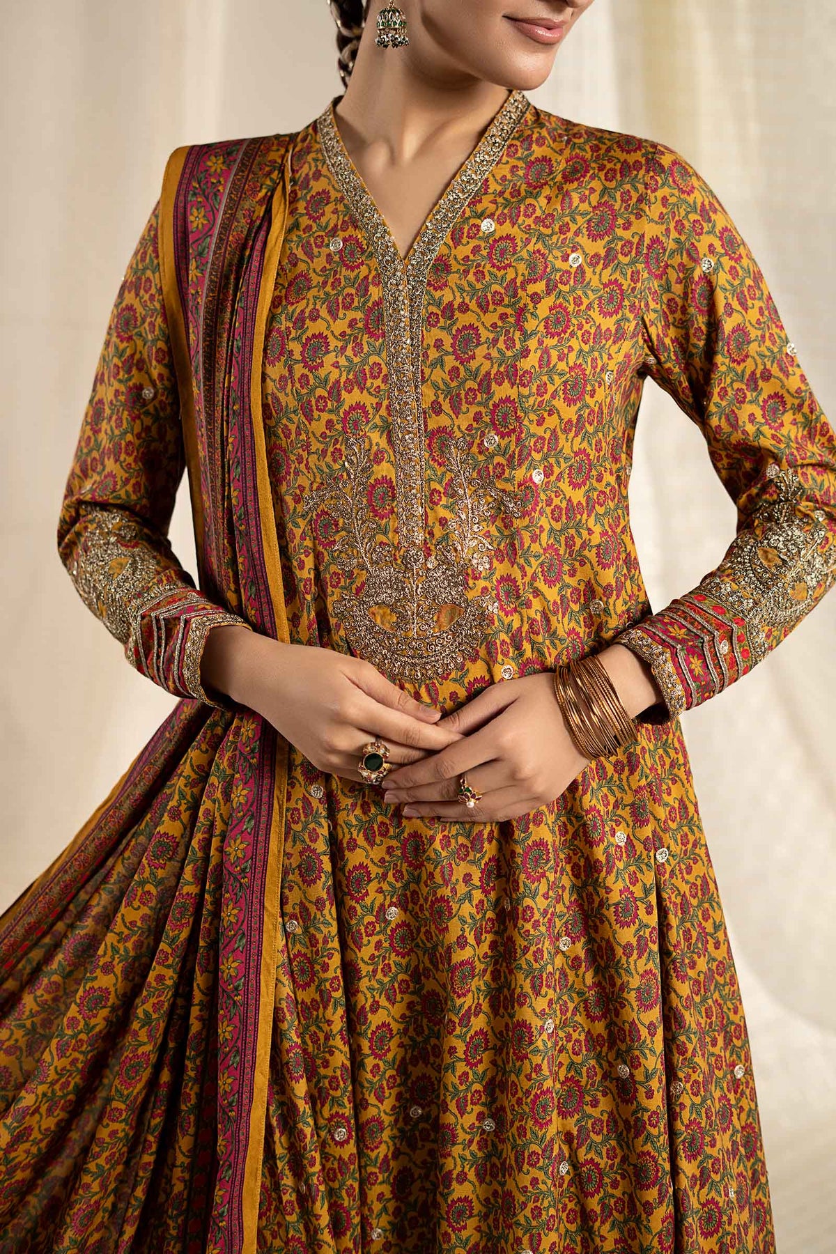 3 Piece Embroidered Raw Silk Suit