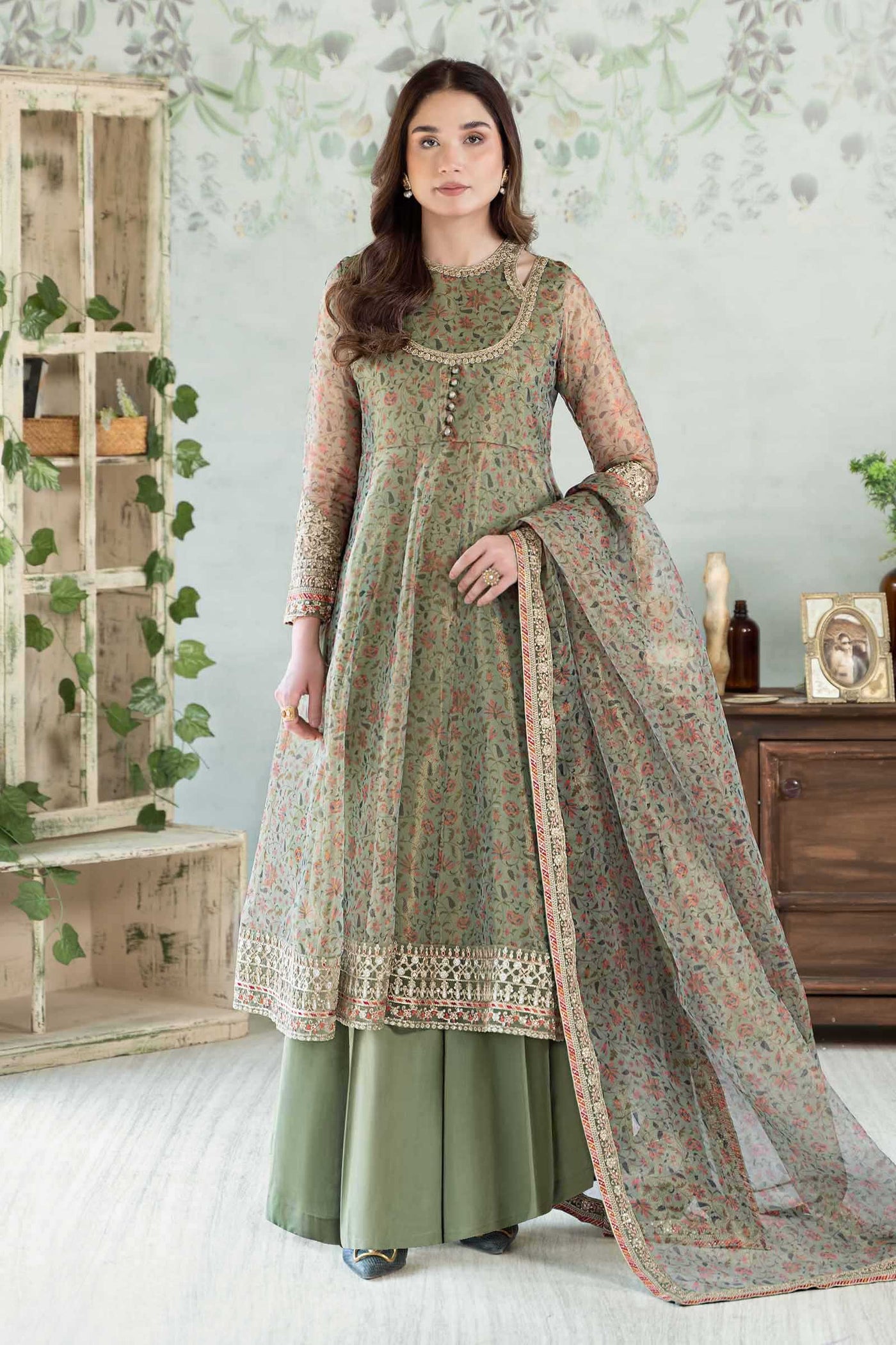 3 Piece Printed Cotton Net Suit