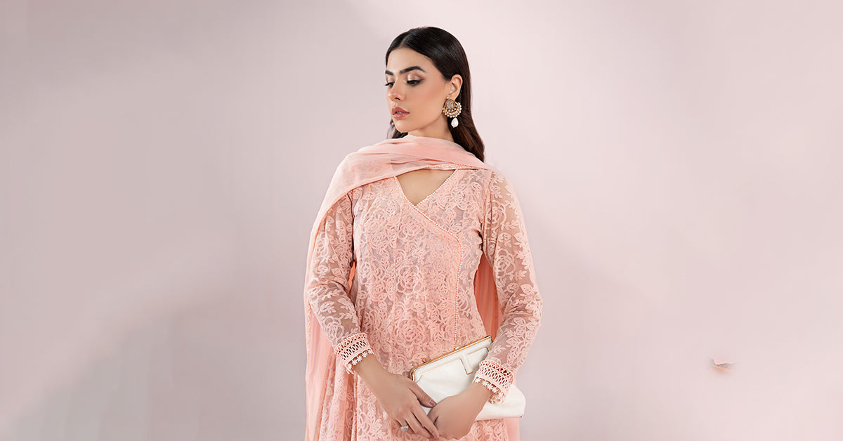 3 Piece Embroidered Polyester Net Suit