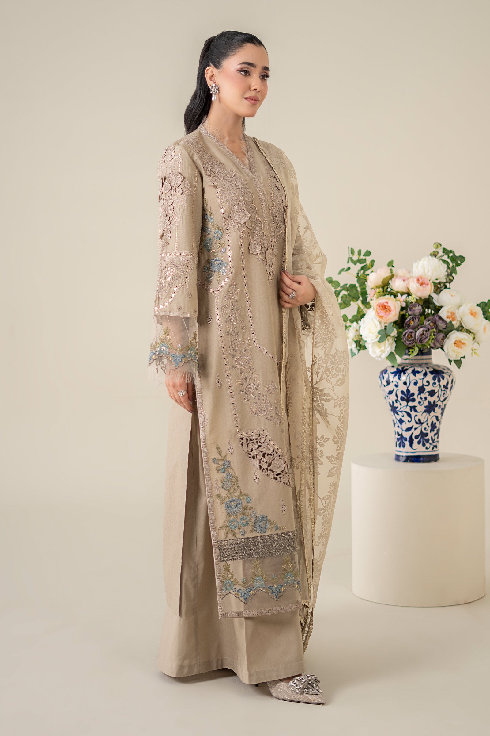 3 Piece Embroidered Dobby Suit