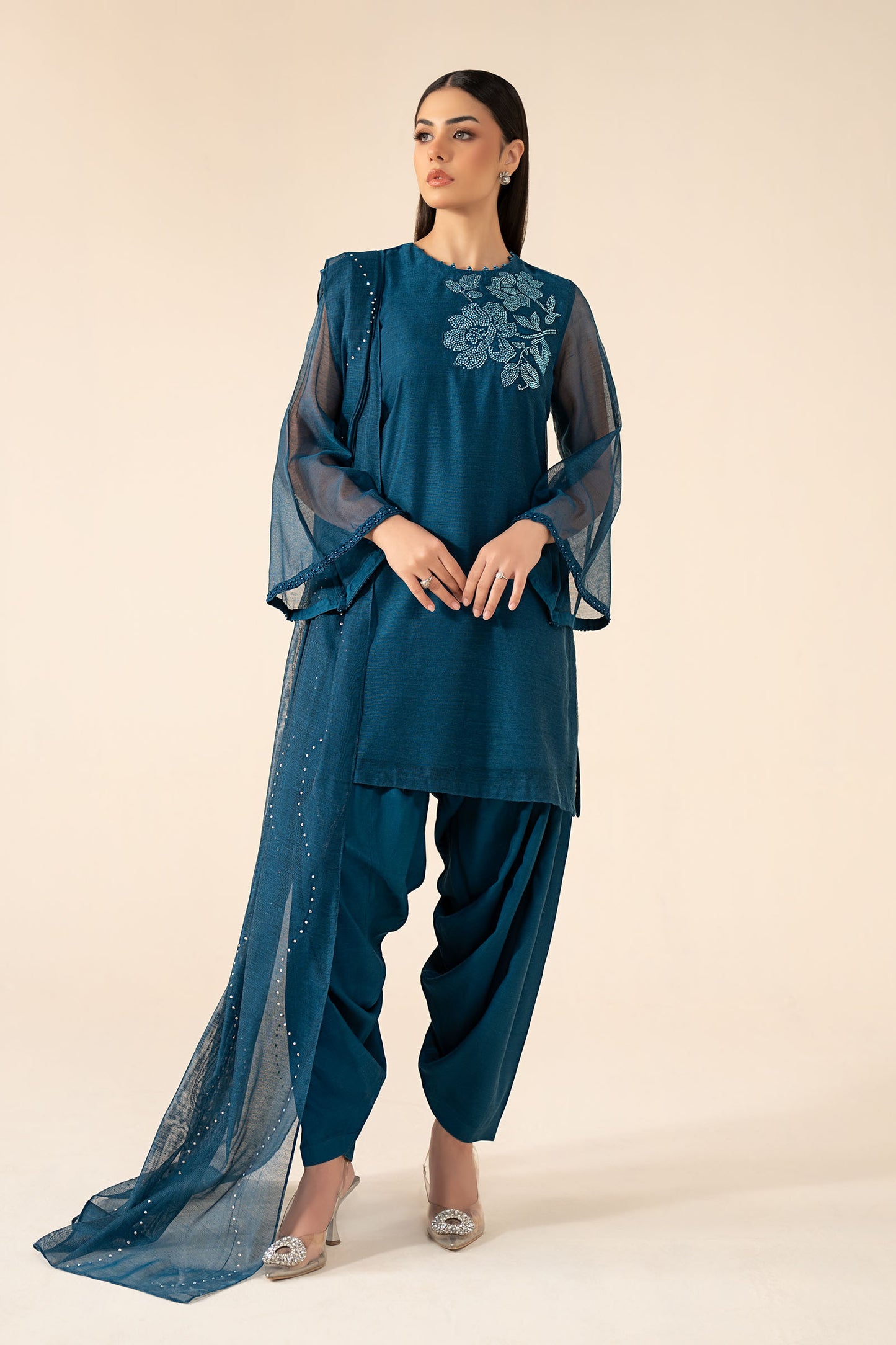 3 Piece Embellished Cotton Net Suit