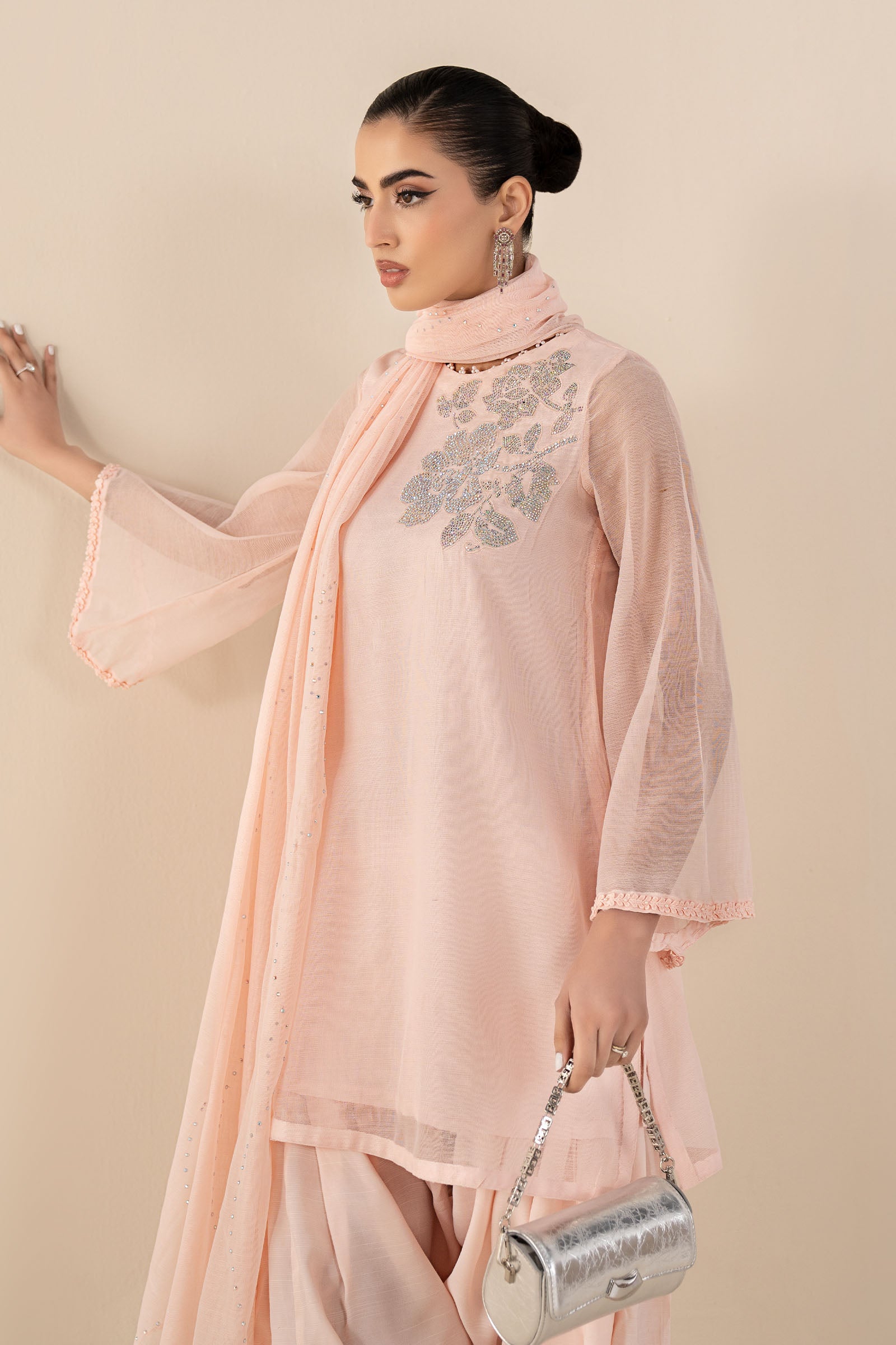 3 Piece Embellished Cotton Net Suit