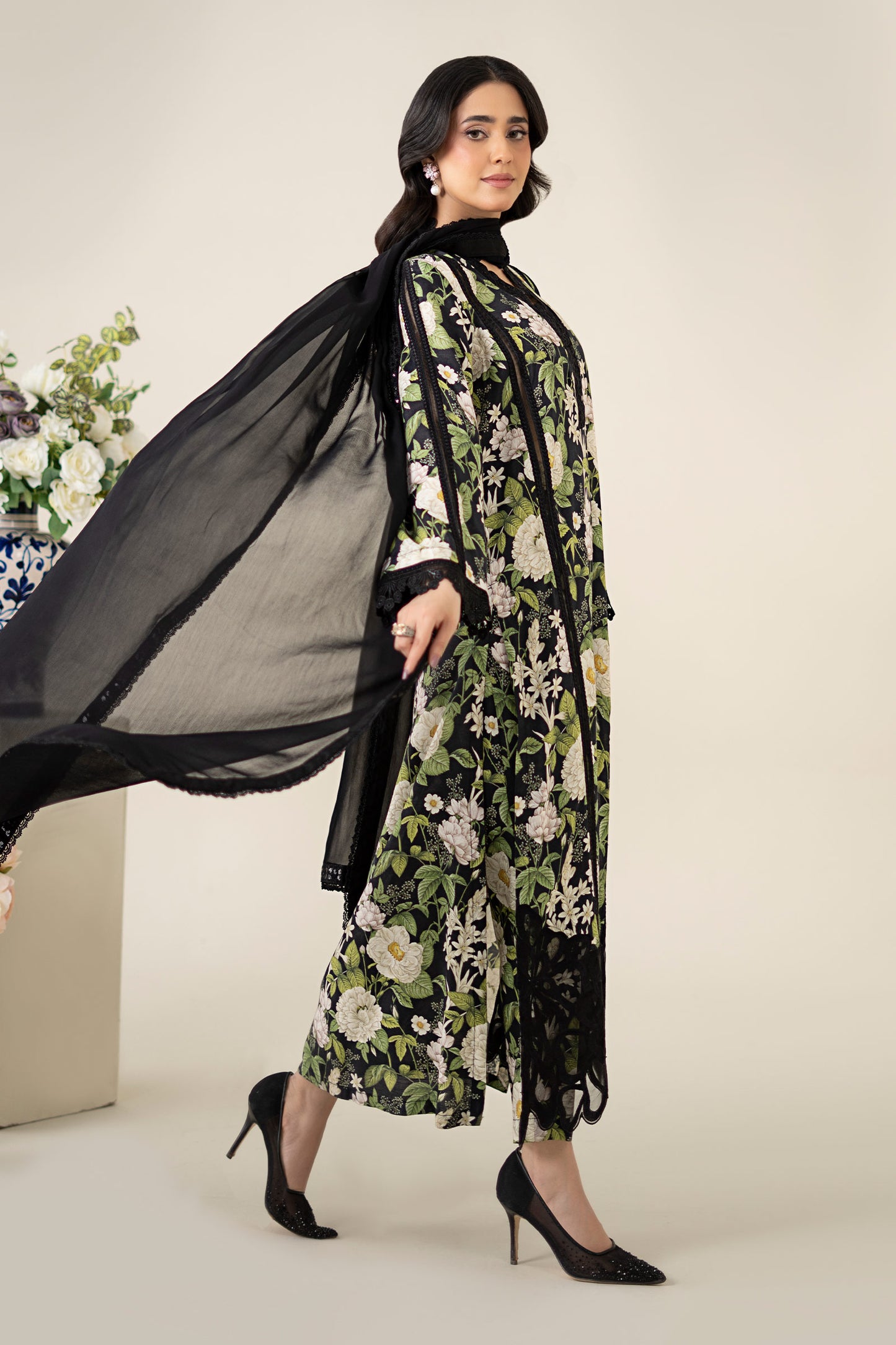 3 Piece Printed Raw Silk Suit