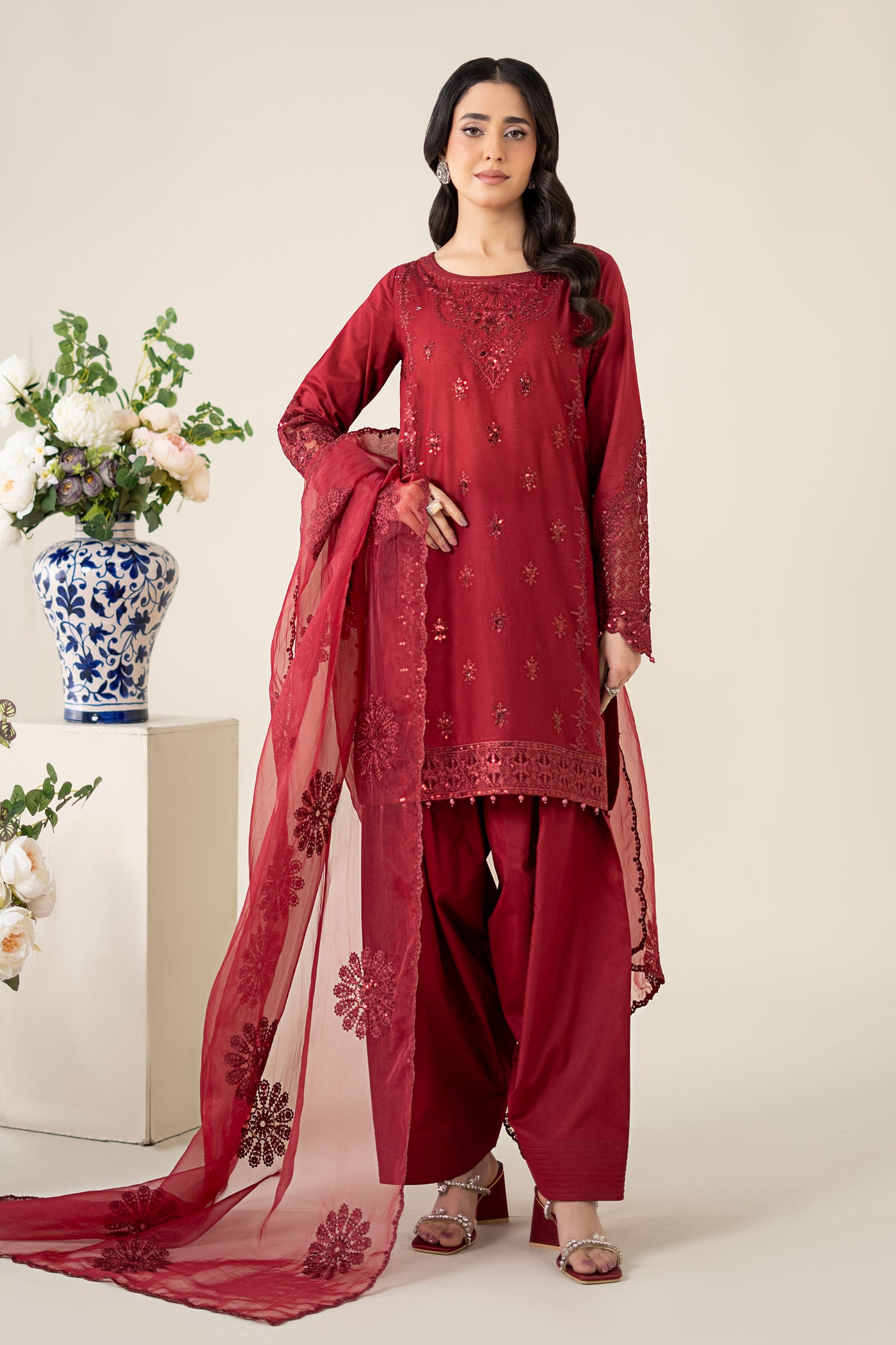 3 Piece Embroidered Dobby Suit